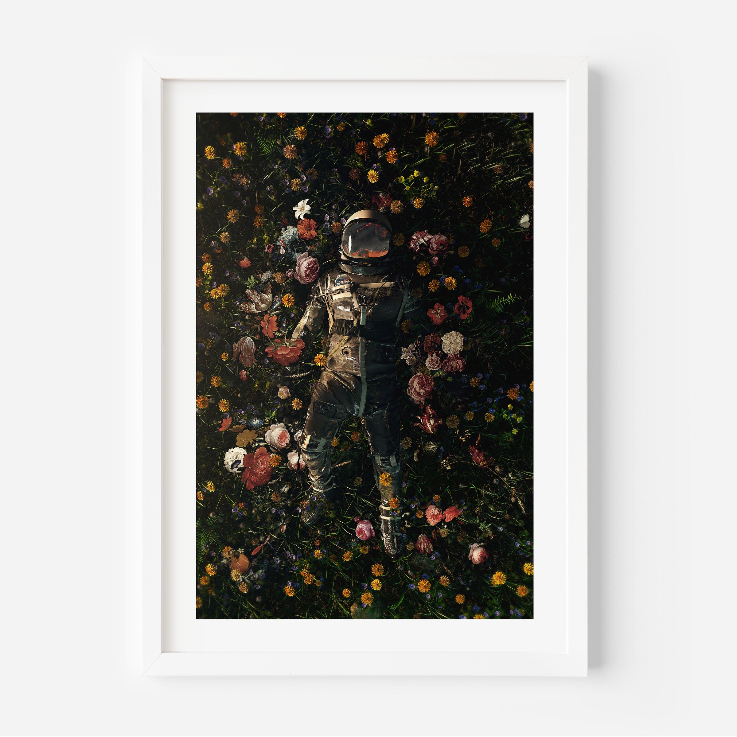 poster of an astronaut in a field of flowers
