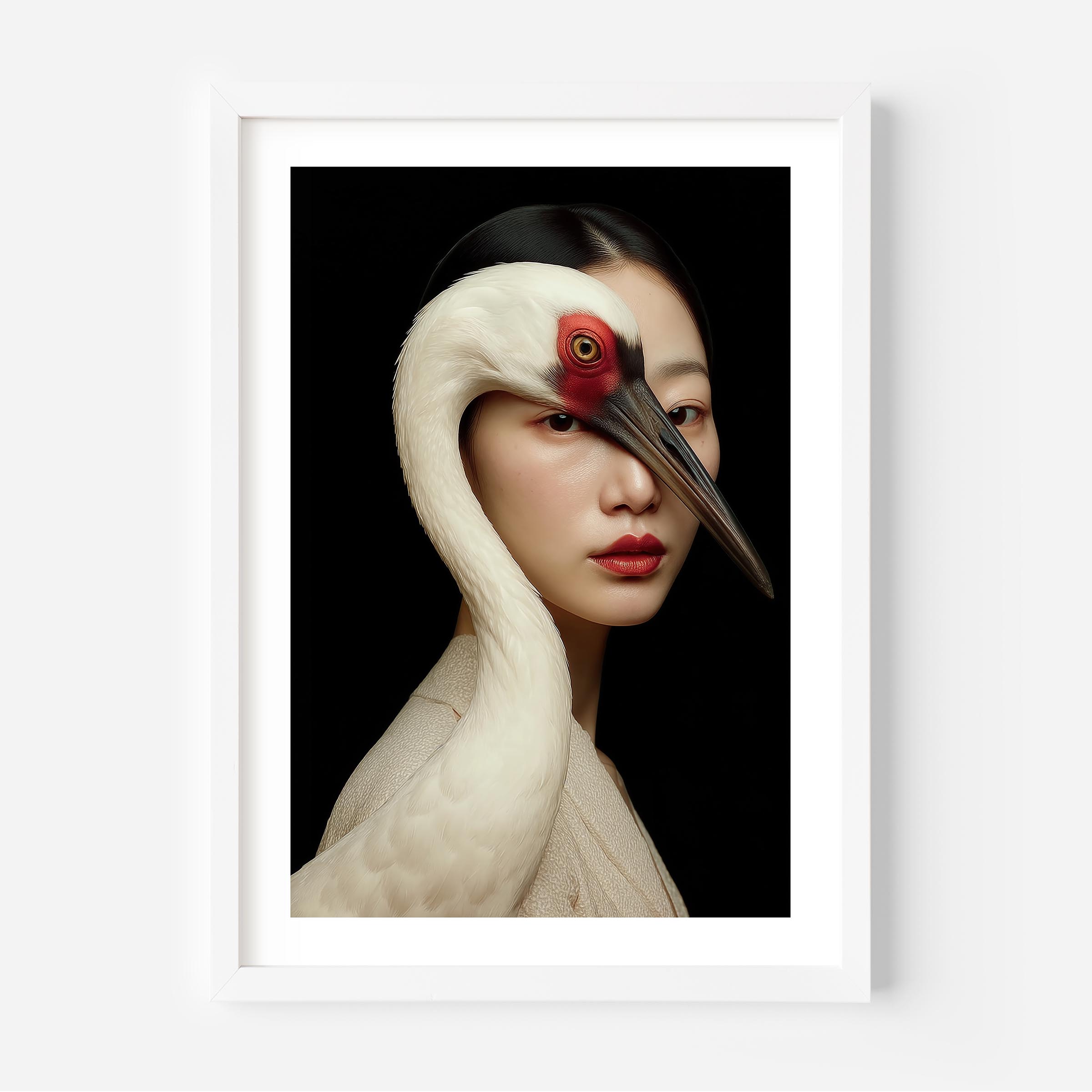 Framed artwork of a person with a crane's head on a black background
