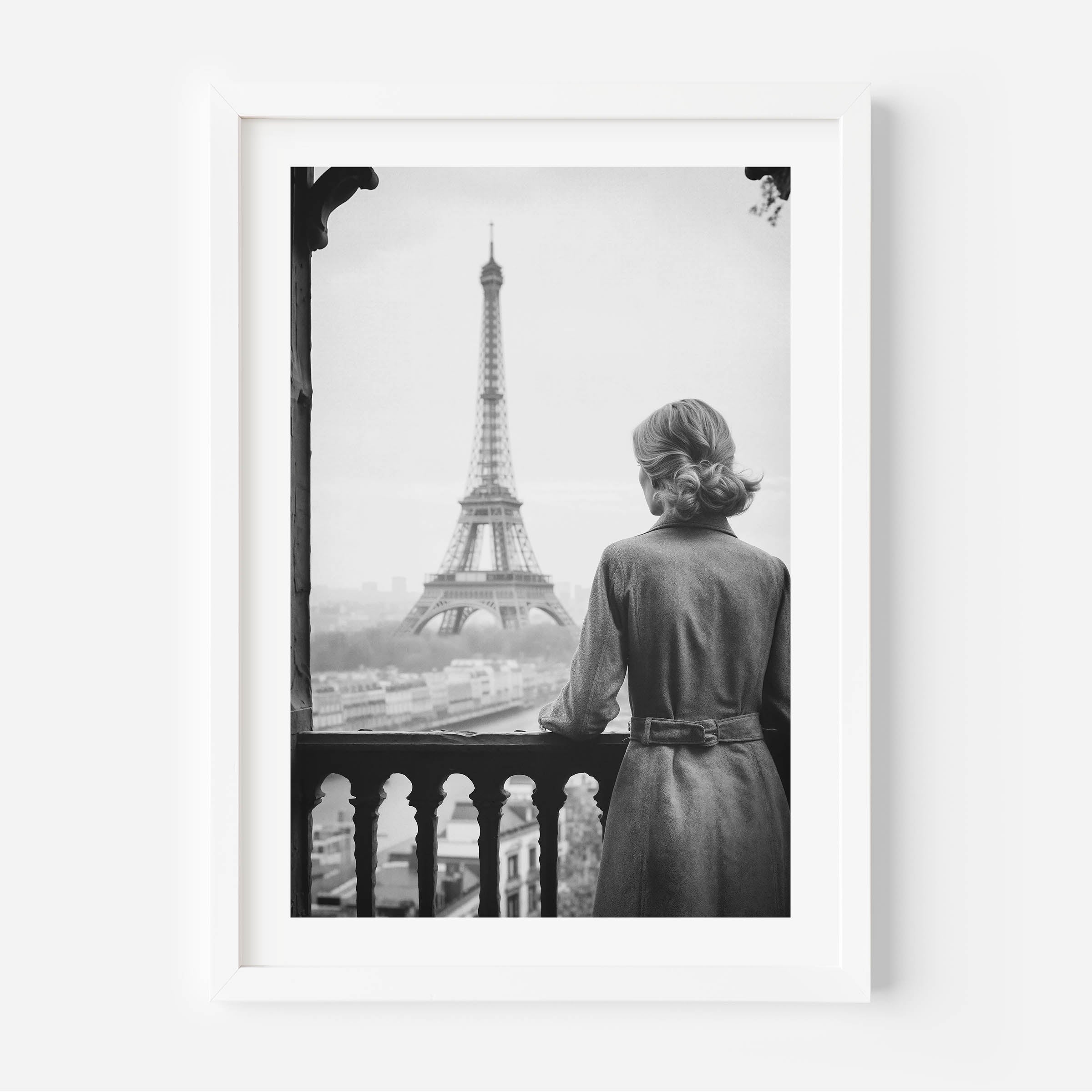 black and white poster of a woman standing on a balcony in Paris, France. Fine art/ wall art/wall decor.