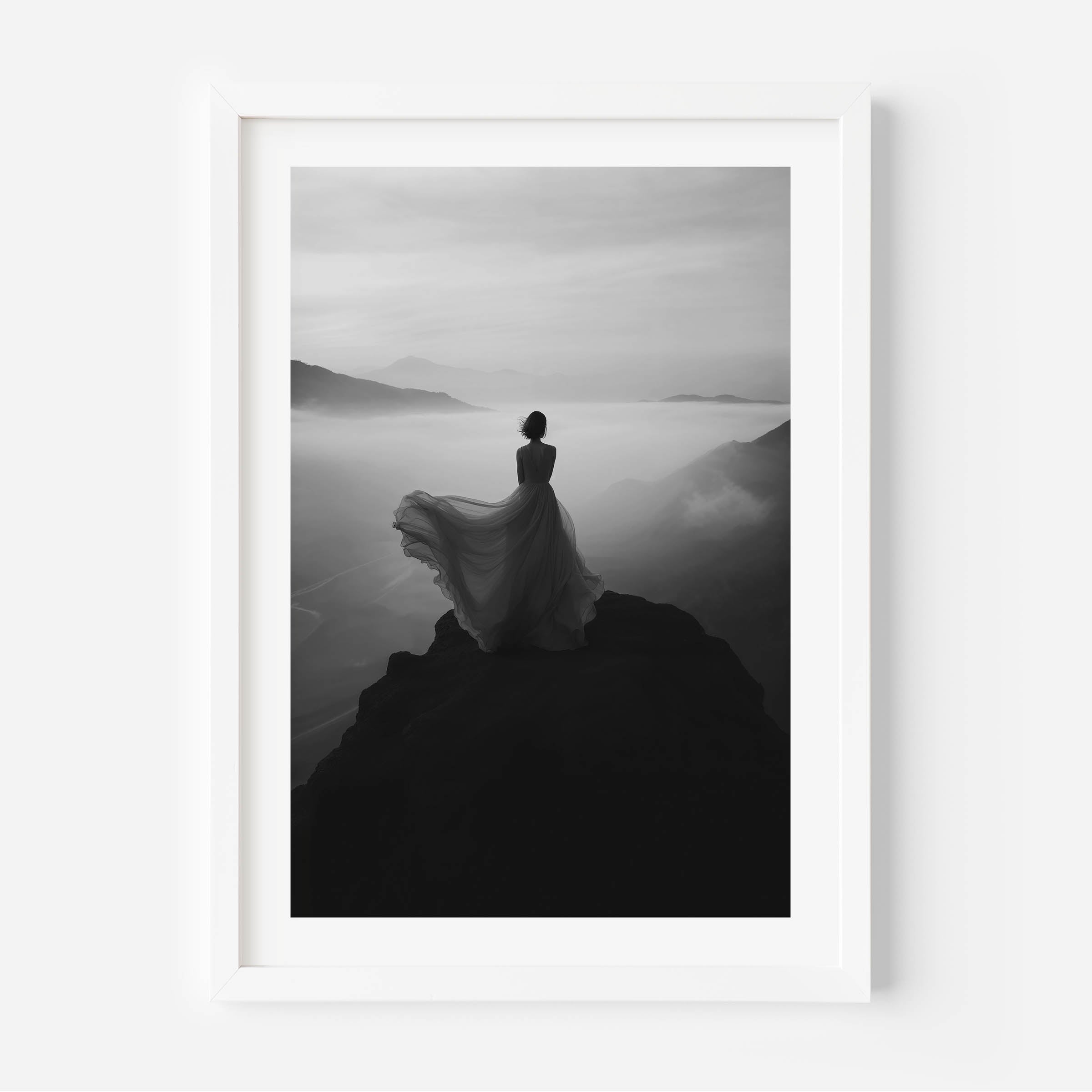 Black and white poster/print of a woman on top of a mountain. Fine Art wall art