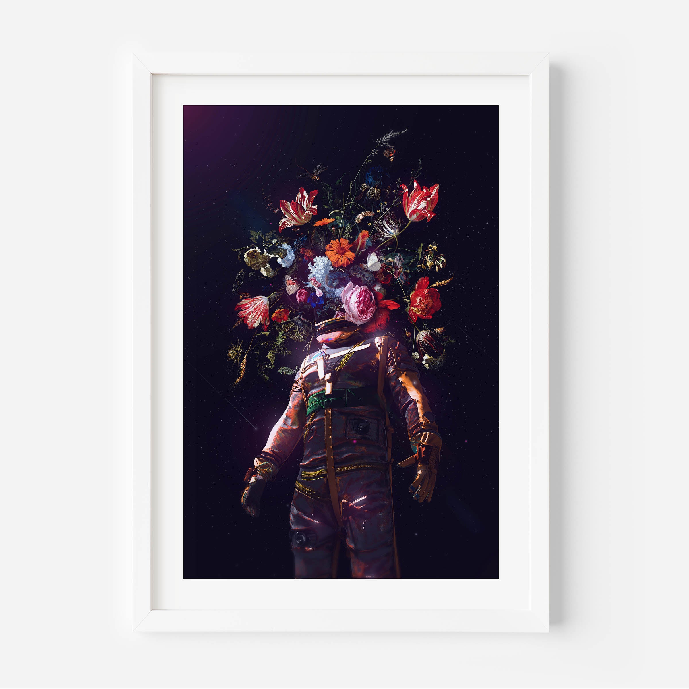 poster of an astronaut with flowers