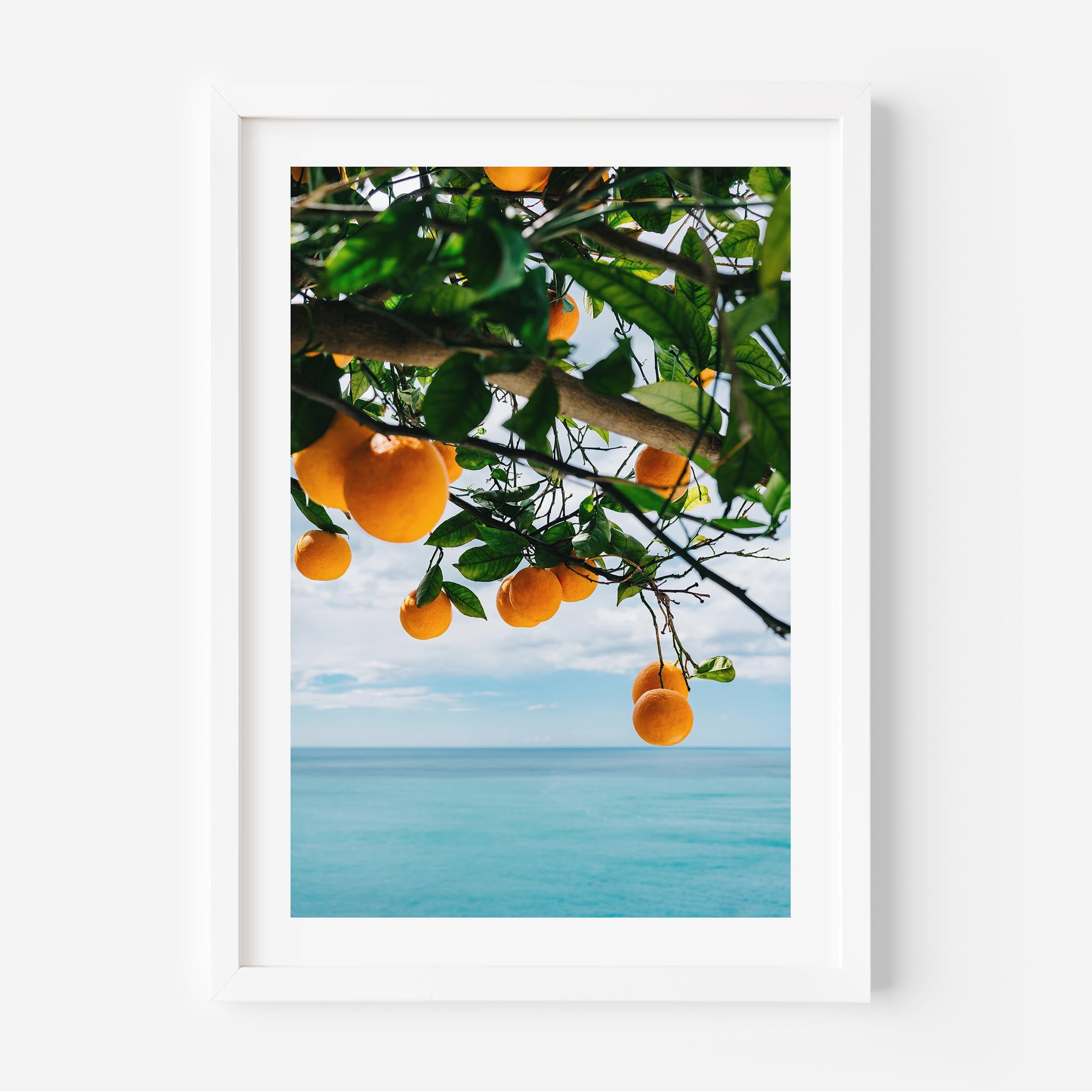 colorful poster of oranges hanging on a tree with a view ot the ocean, Italy, Mediterranean, home decor, print, wall art