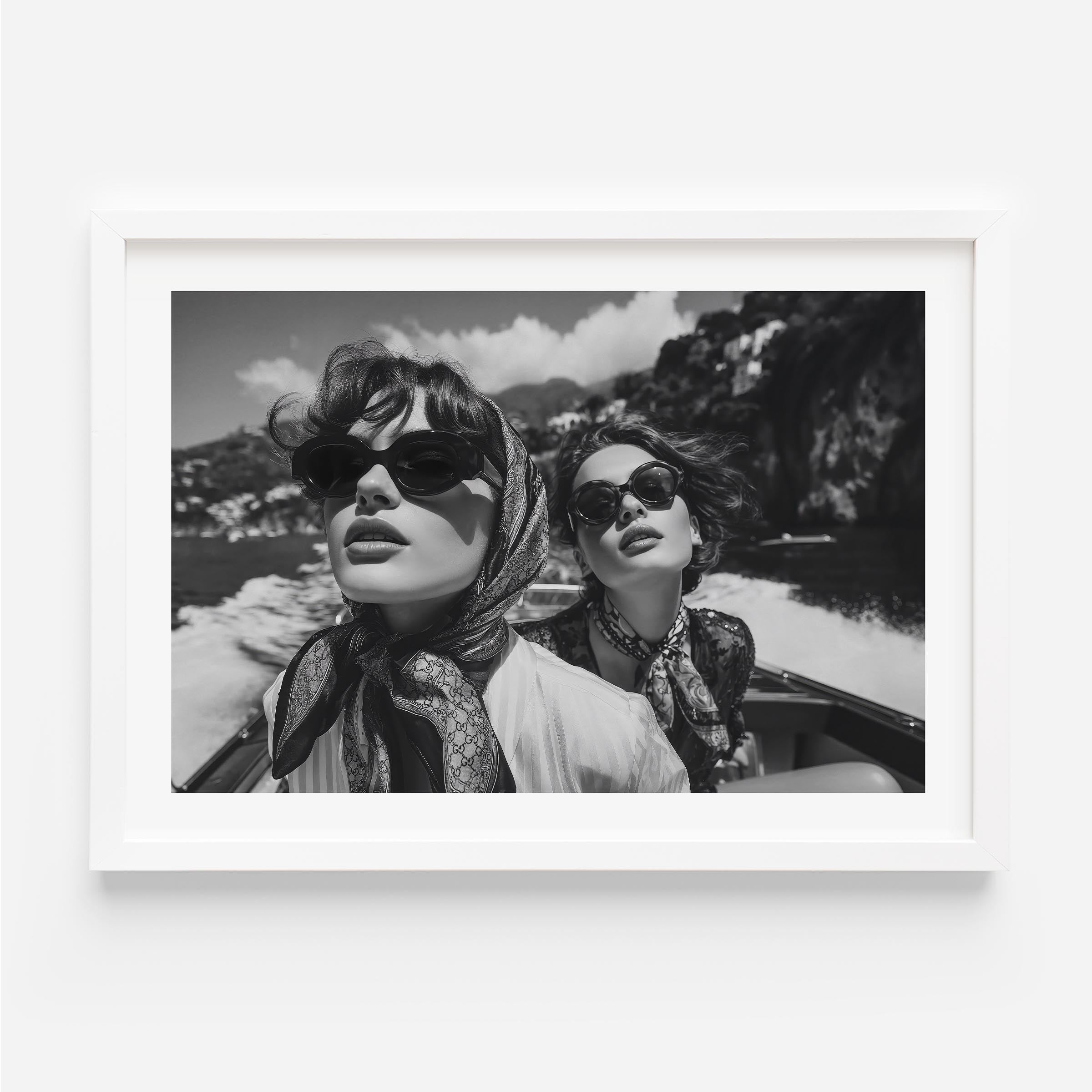 A captivating black-and-white fine art print capturing timeless elegance and freedom on the Amalfi Coast. Perfect for adding vintage luxury to any interior.