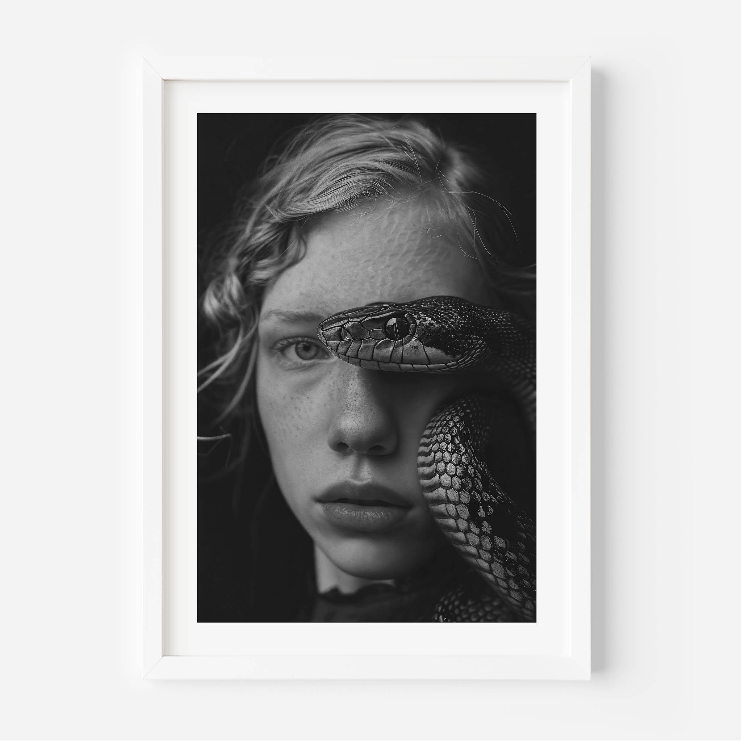 black and white fine art print of a young girl with a snake, wall art, home decor, painting, interior design