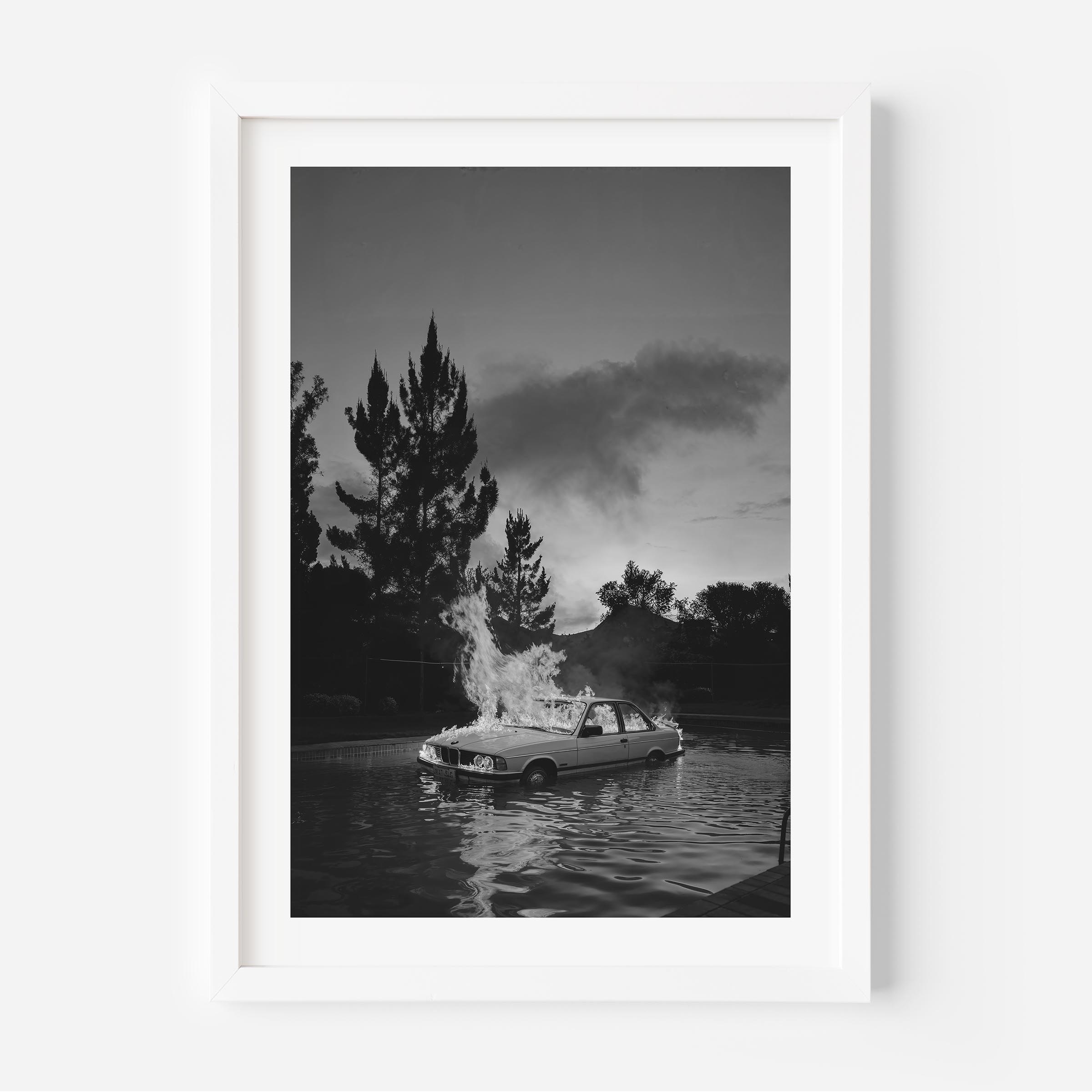 blak and white poster of a bwm car burning in a pool during an afterparty, wall decor, print, interior design