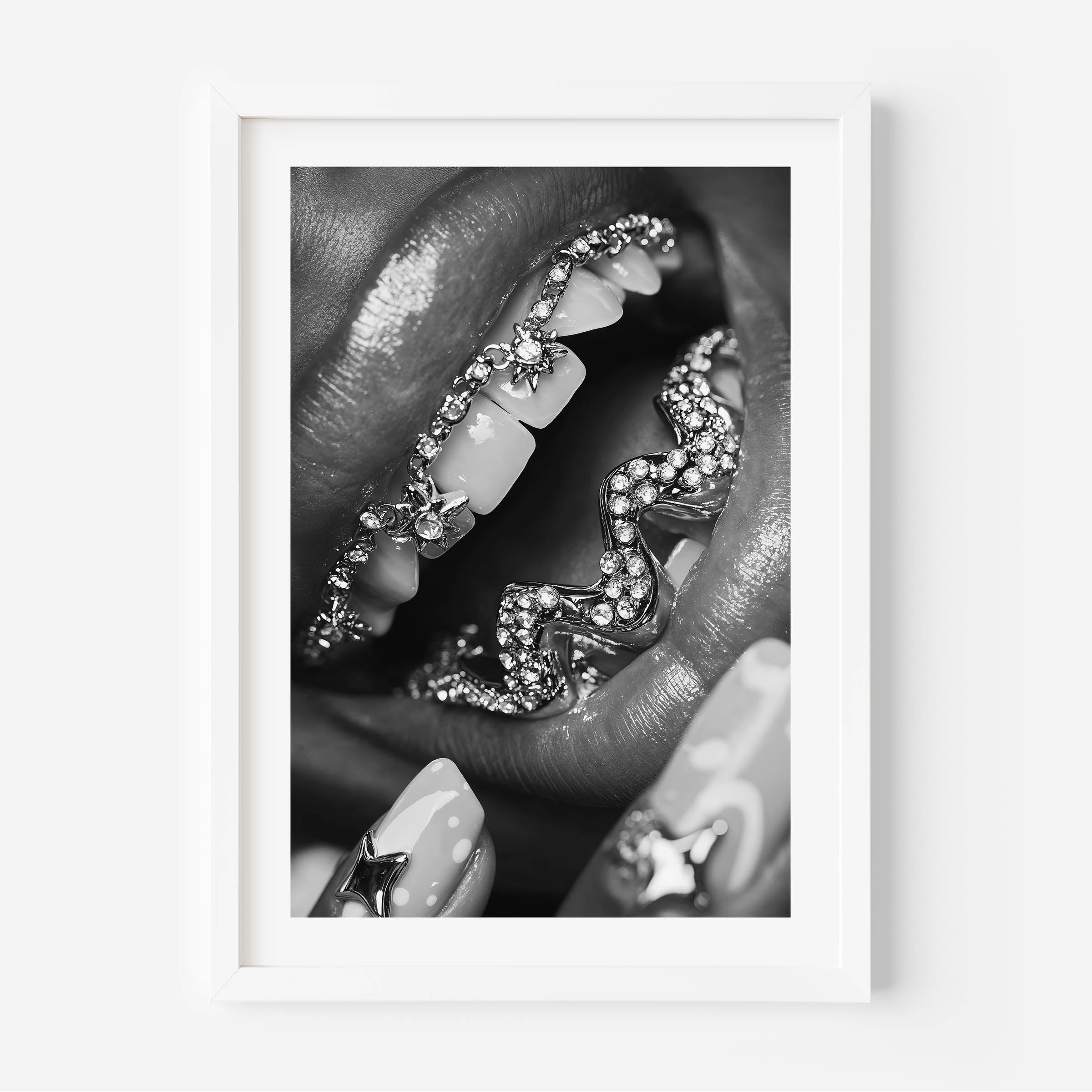 black woman with diamond teeth, black and white fine art print, wall decor, interior design, wall art.