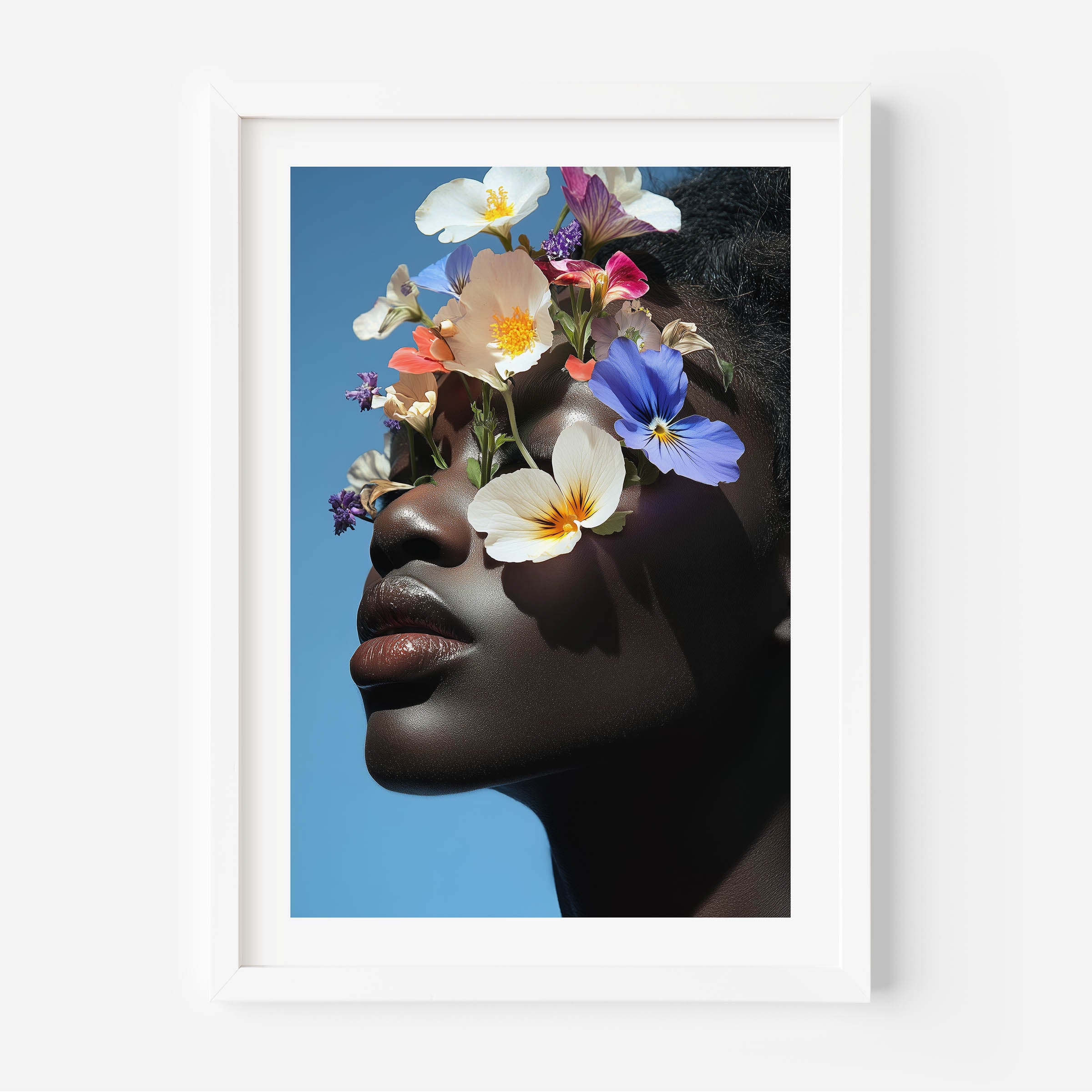 A fine art portrait of a Black woman with her face elegantly concealed by lush, blooming flowers. The artwork features soft, ethereal tones and intricate details, creating a sense of mystery and beauty. Perfect for modern and sophisticated home décor.
