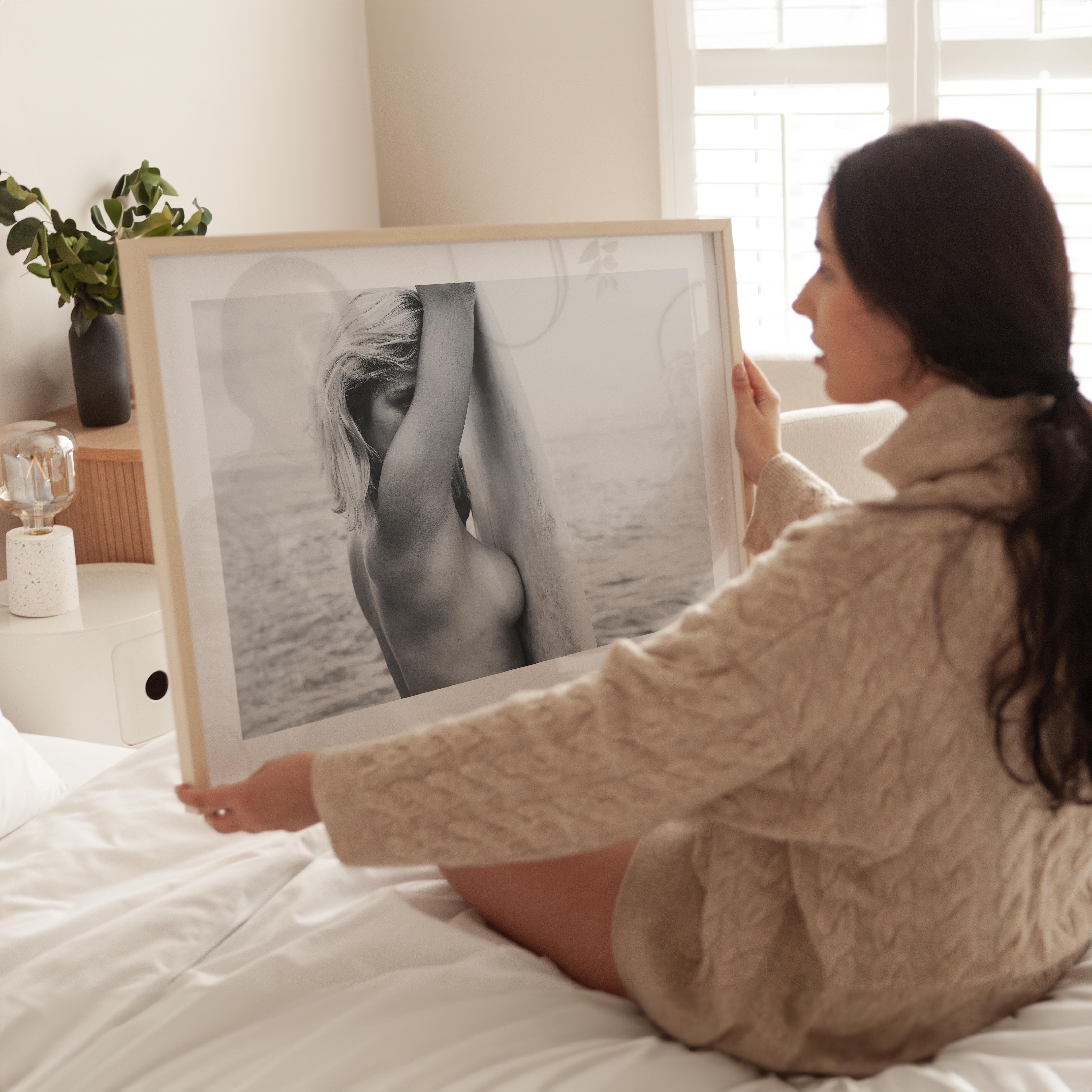 surfer girl poster in black and white, wall art, home decor, painting, print