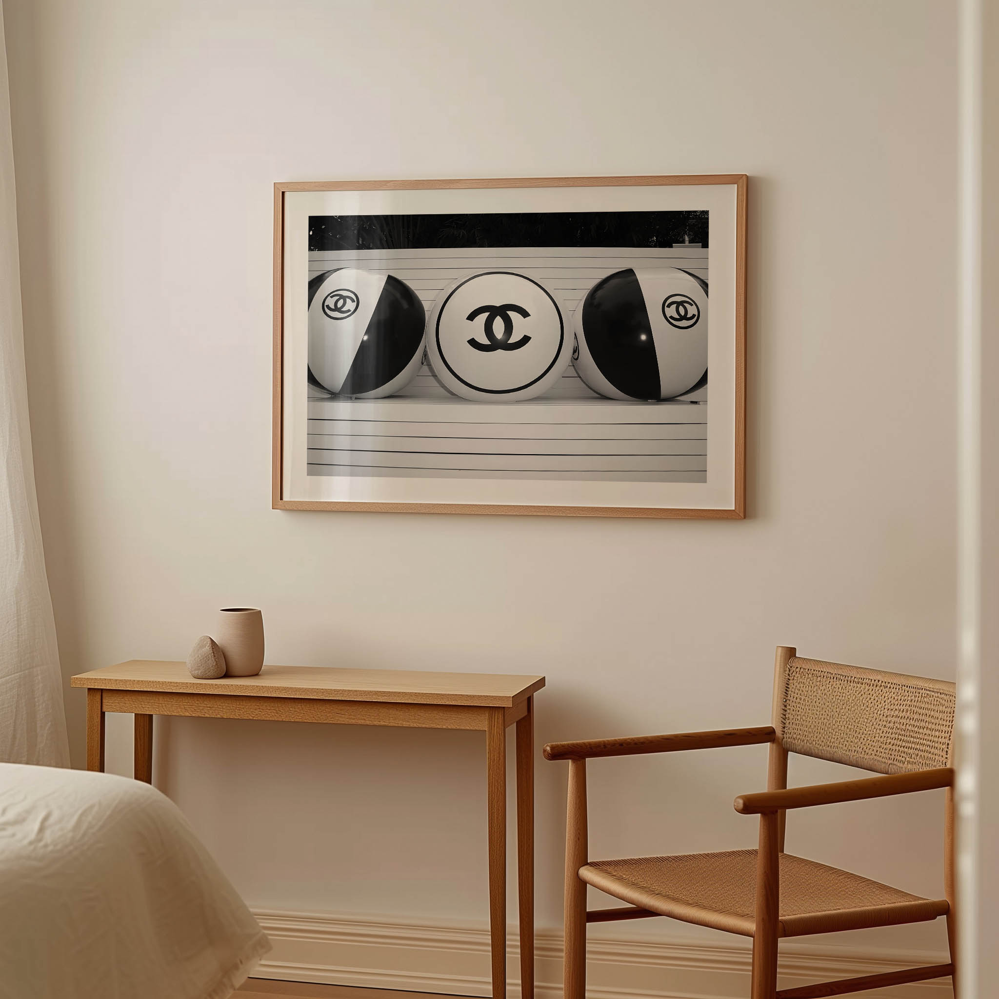 black and white poster with beach ball of chanel, wall art, fashion, interior design