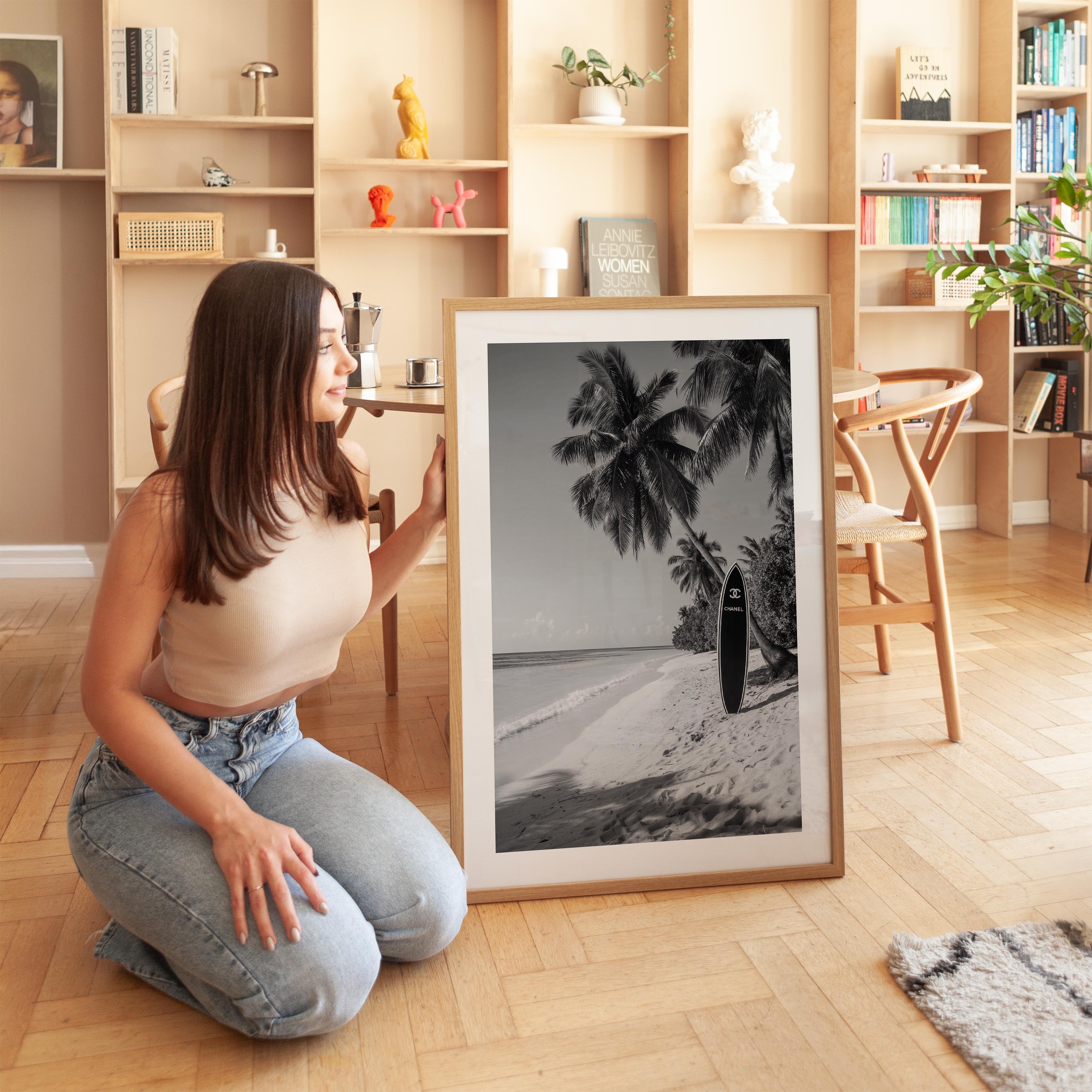 Luxury meets paradise in this black and white surfboard print. Elevate your walls with timeless fashion-inspired coastal art.