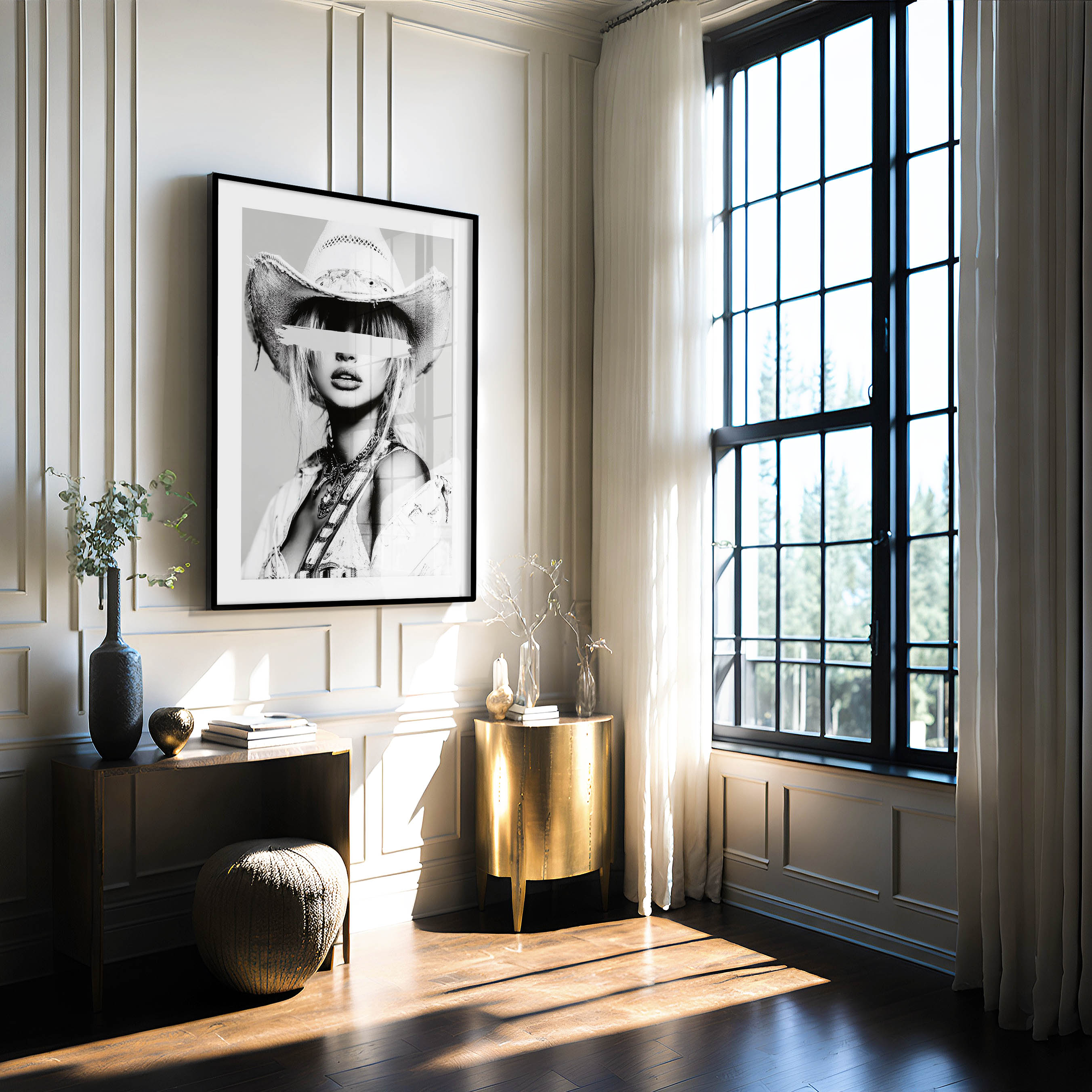 Add edge to your space with painted secrets, a luxury black-and-white cowgirl portrait blending western grit with fashion-forward allure.