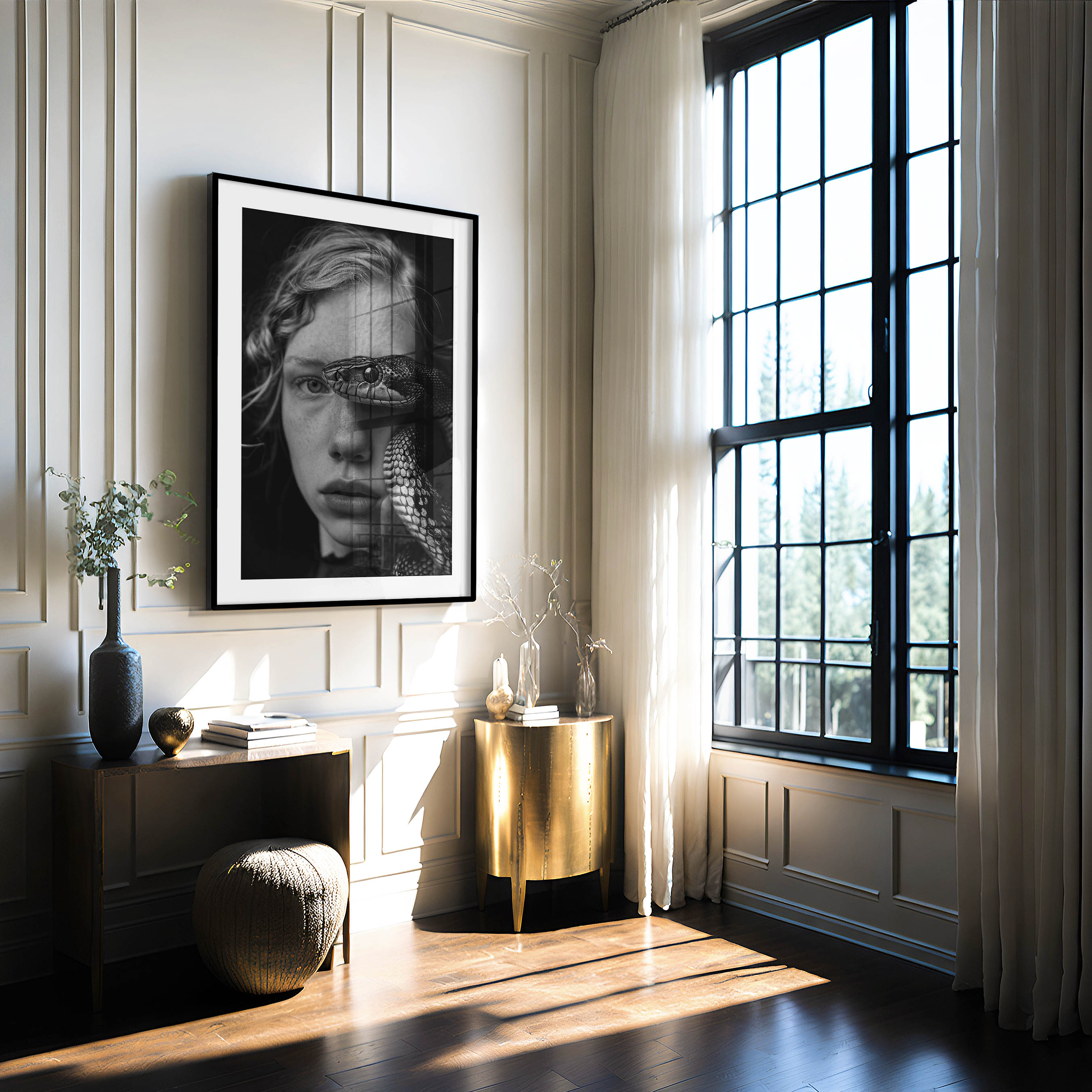 black and white fine art print of a young girl with a snake, wall art, home decor, painting, interior design