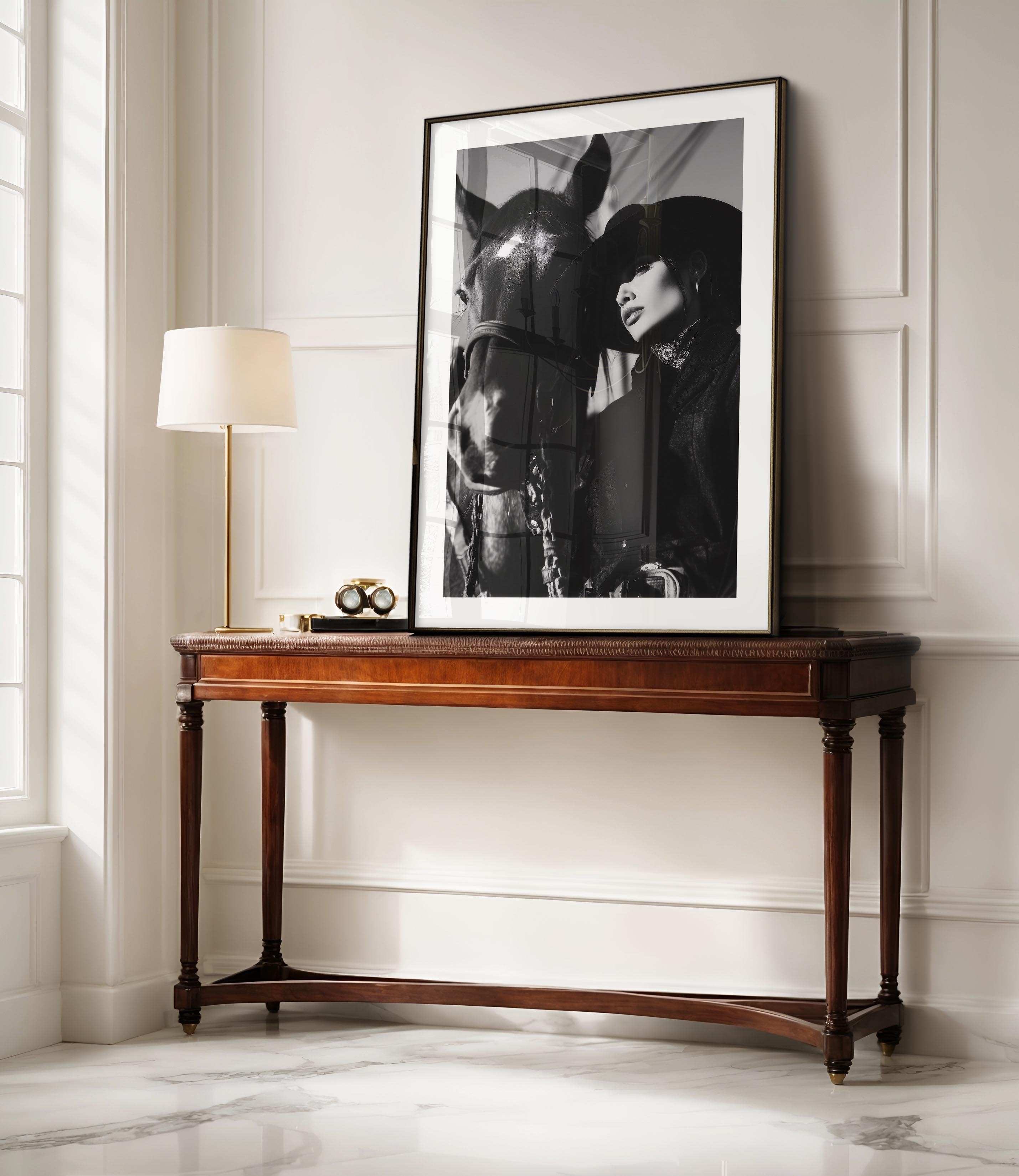 Elevate your space with Shadows of the West, a dramatic black-and-white cowboy and horse portrait. A timeless fine art print for western and equestrian enthusiasts.