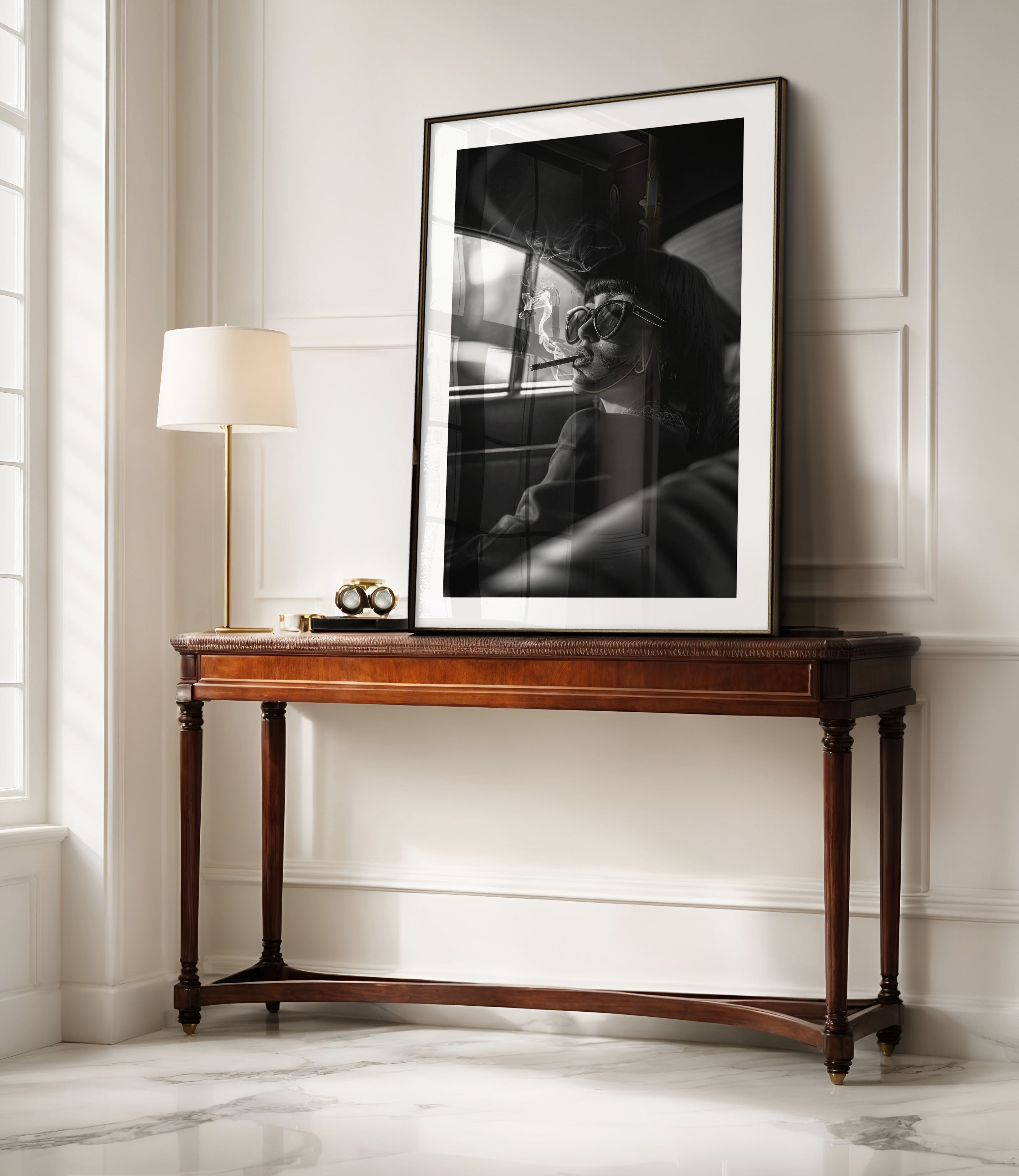 black and white poster of a woman smoking inside a car