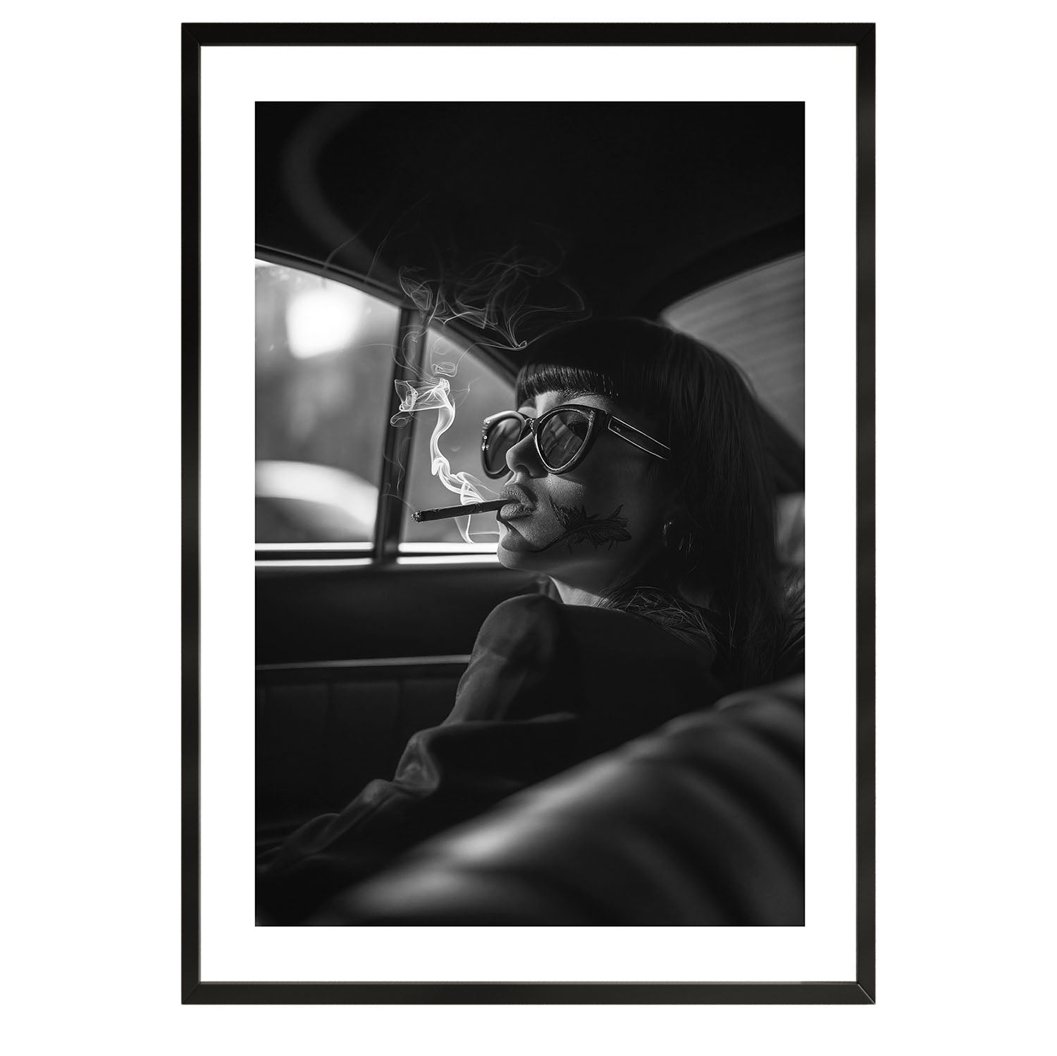 black and white poster of a woman smoking inside a car