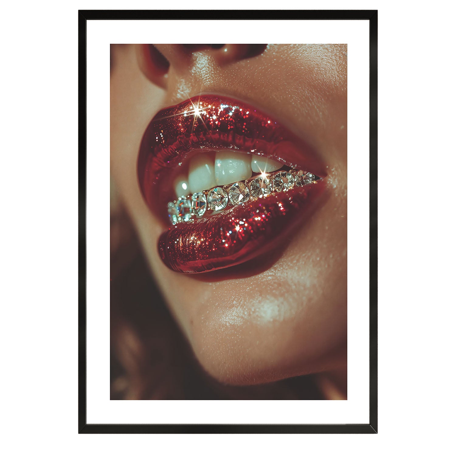 poster of a woman with diamond teeht, wall art, home decor, fine art prints