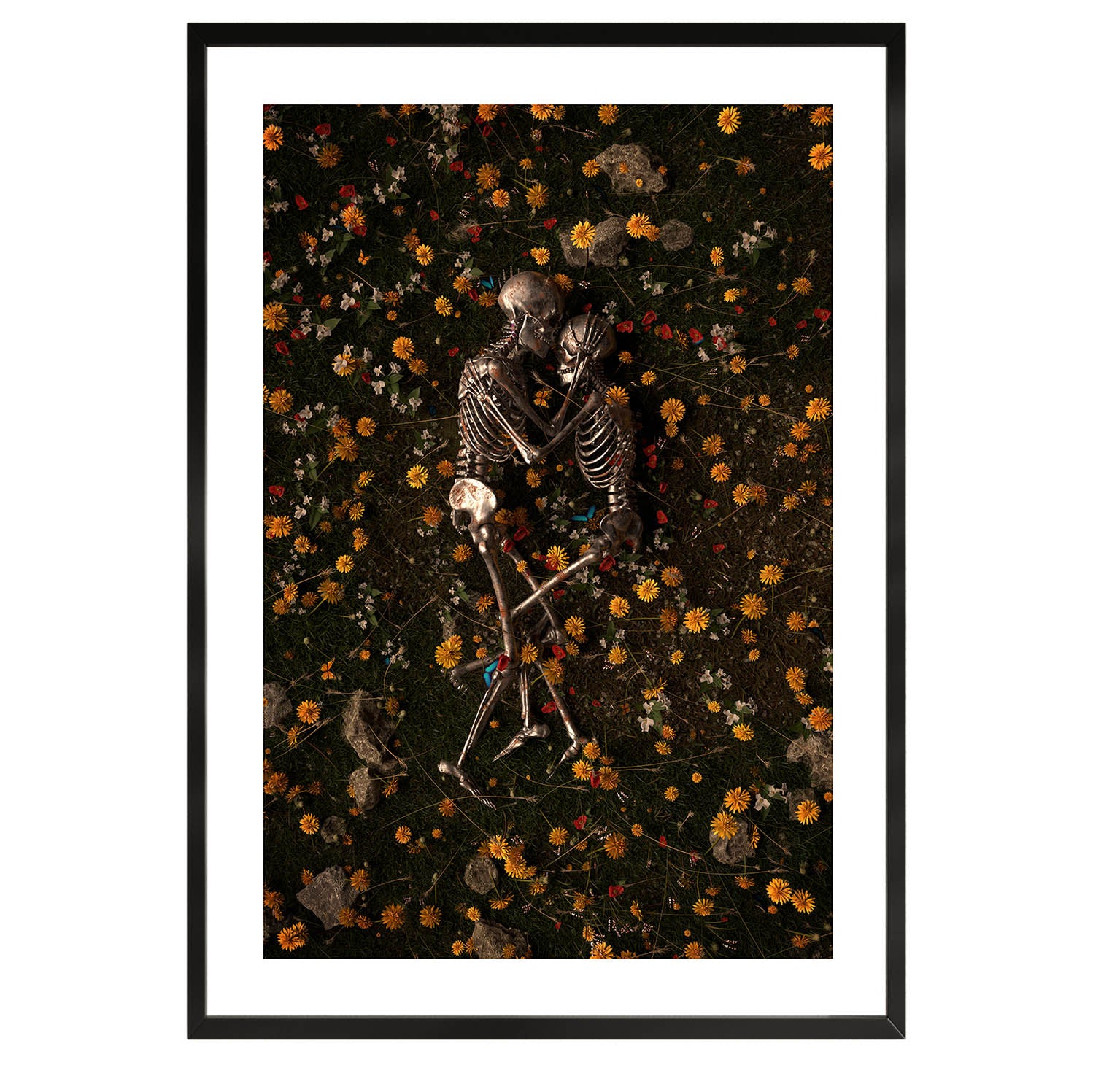 2 skeletons laying in a field of flowers poster wall art