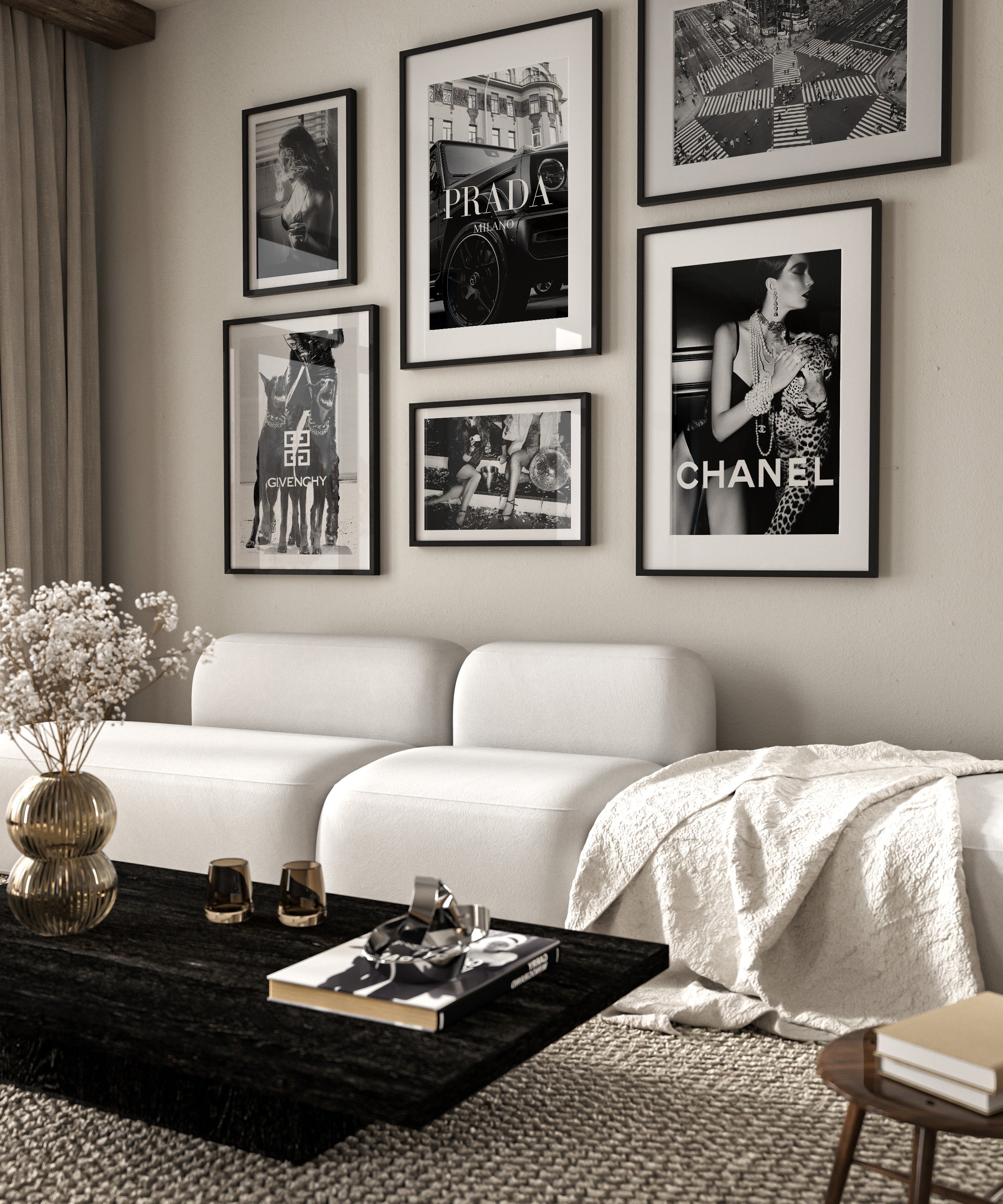 black and white gallery wall with fashion inspired posters