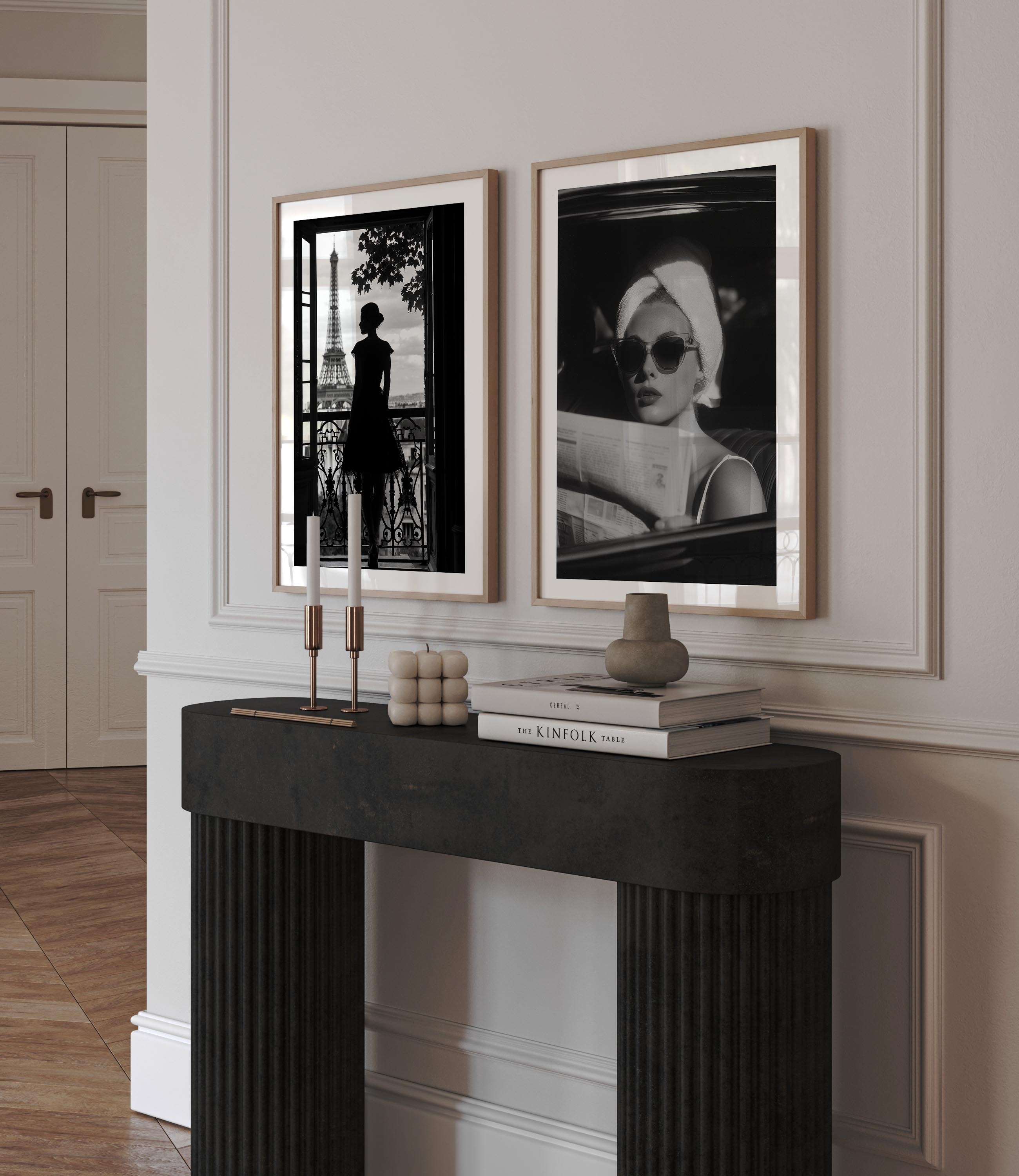 Channel vintage glamour with this black-and-white fine art print of a chic woman in sunglasses reading the paper. Perfect for stylish, fashion-inspired interiors.