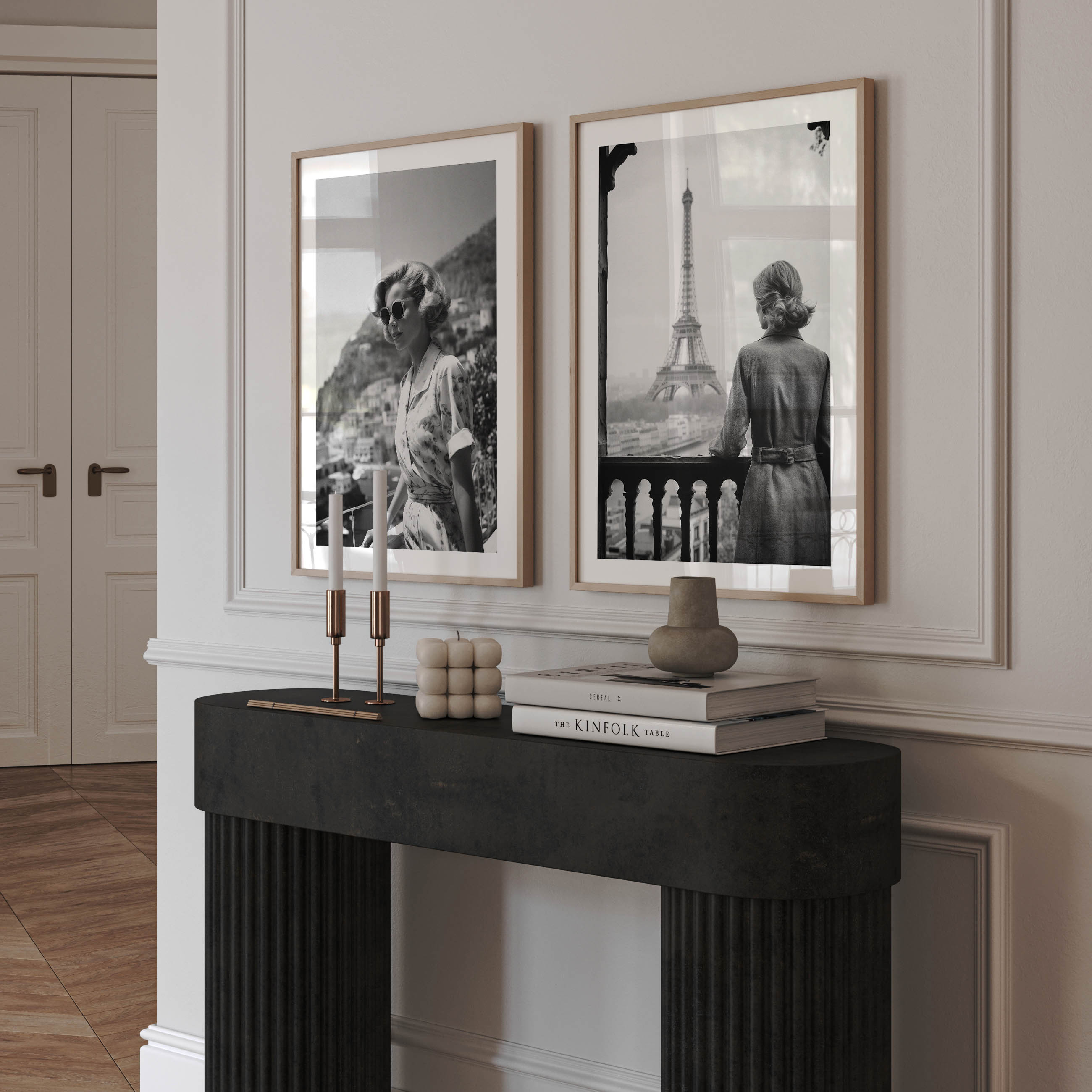 black and white poster of a woman standing on a balcony in Paris, France. Fine art/ wall art/wall decor.