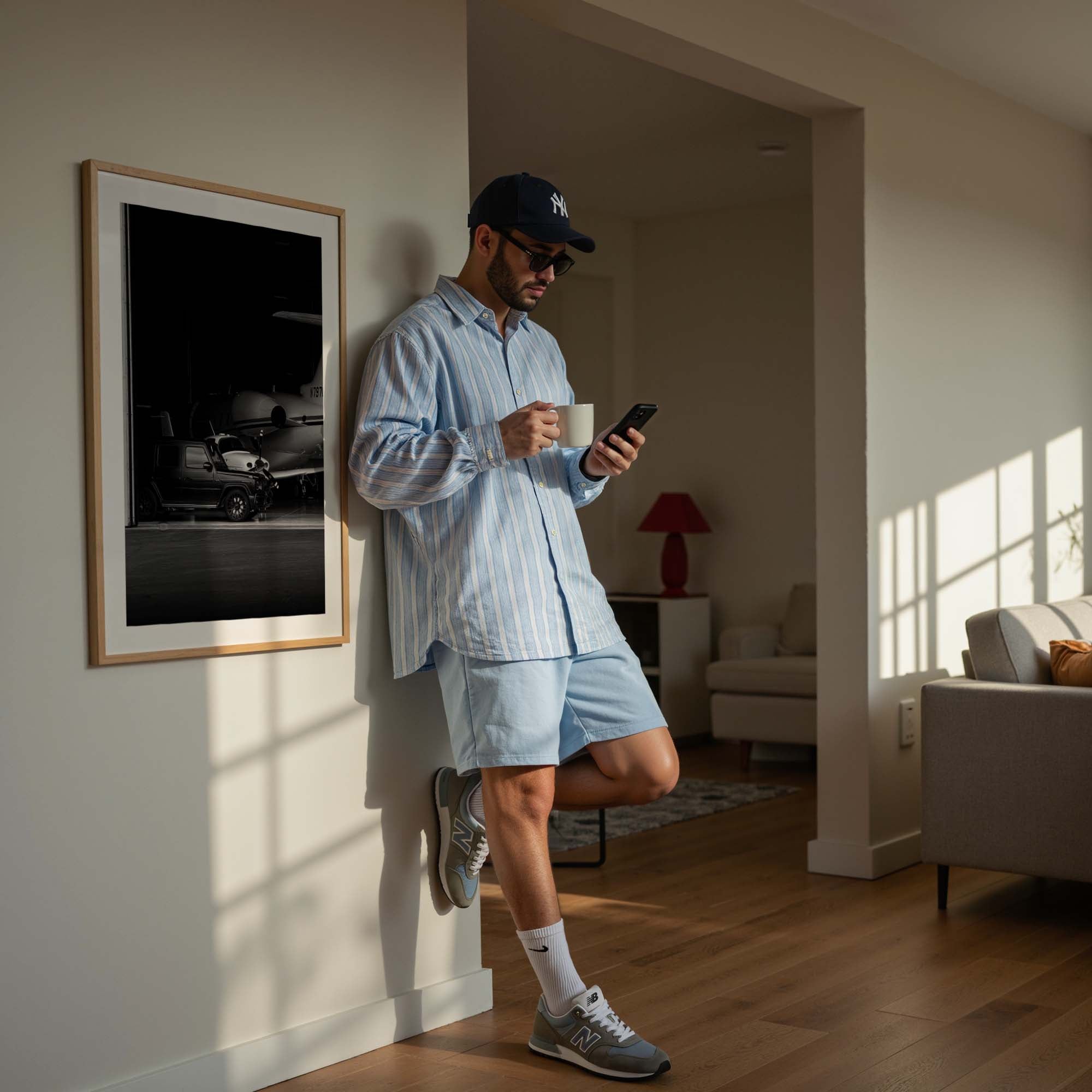 Black-and-white fine art photo of a luxury SUV parked inside an aircraft hangar with a private jet in the background.