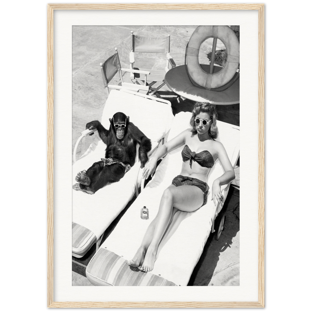 Poster Frau beim Sonnenbaden mit Schimpansen