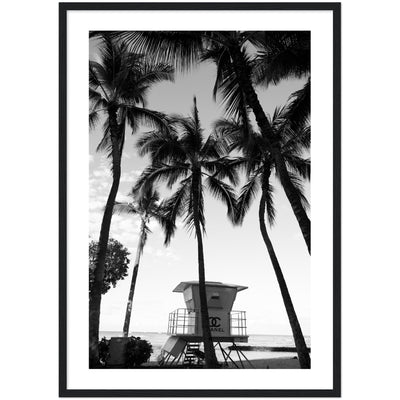 black and white poster of a chanel lifeguard tower on a beach surrounded by plamtrees
