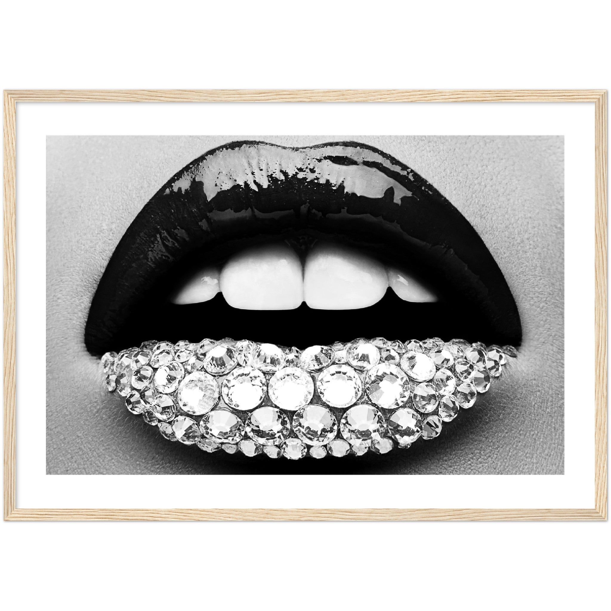 black and white poster of lips covered in diamonds