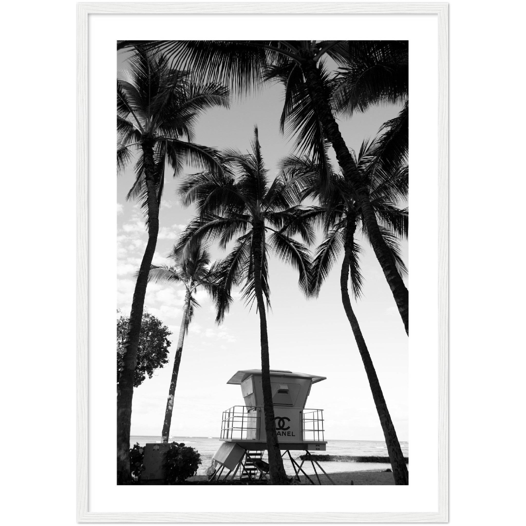 black and white poster of a chanel lifeguard tower on a beach surrounded by plamtrees