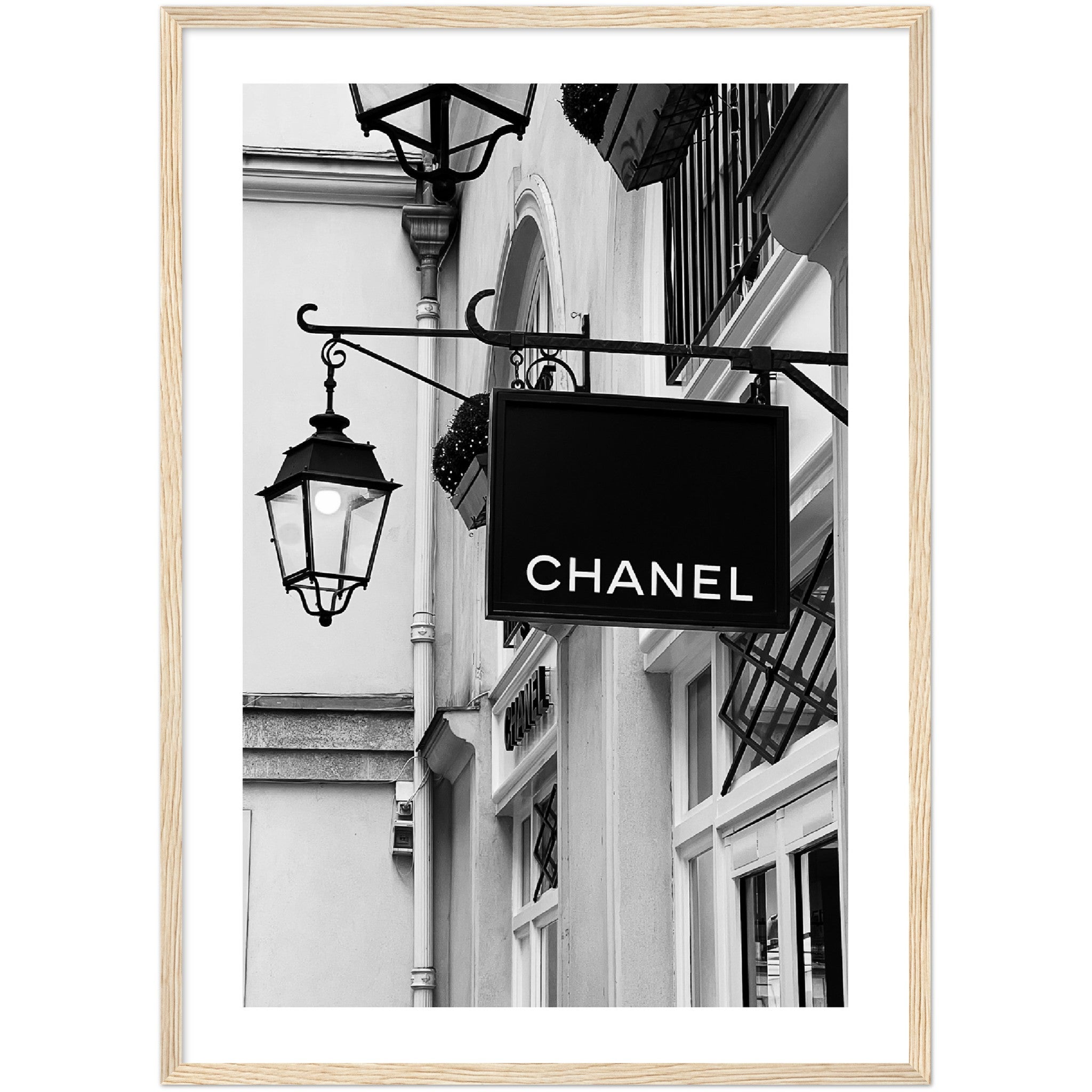 black and white poster of a chanel store front in Pzaris, France