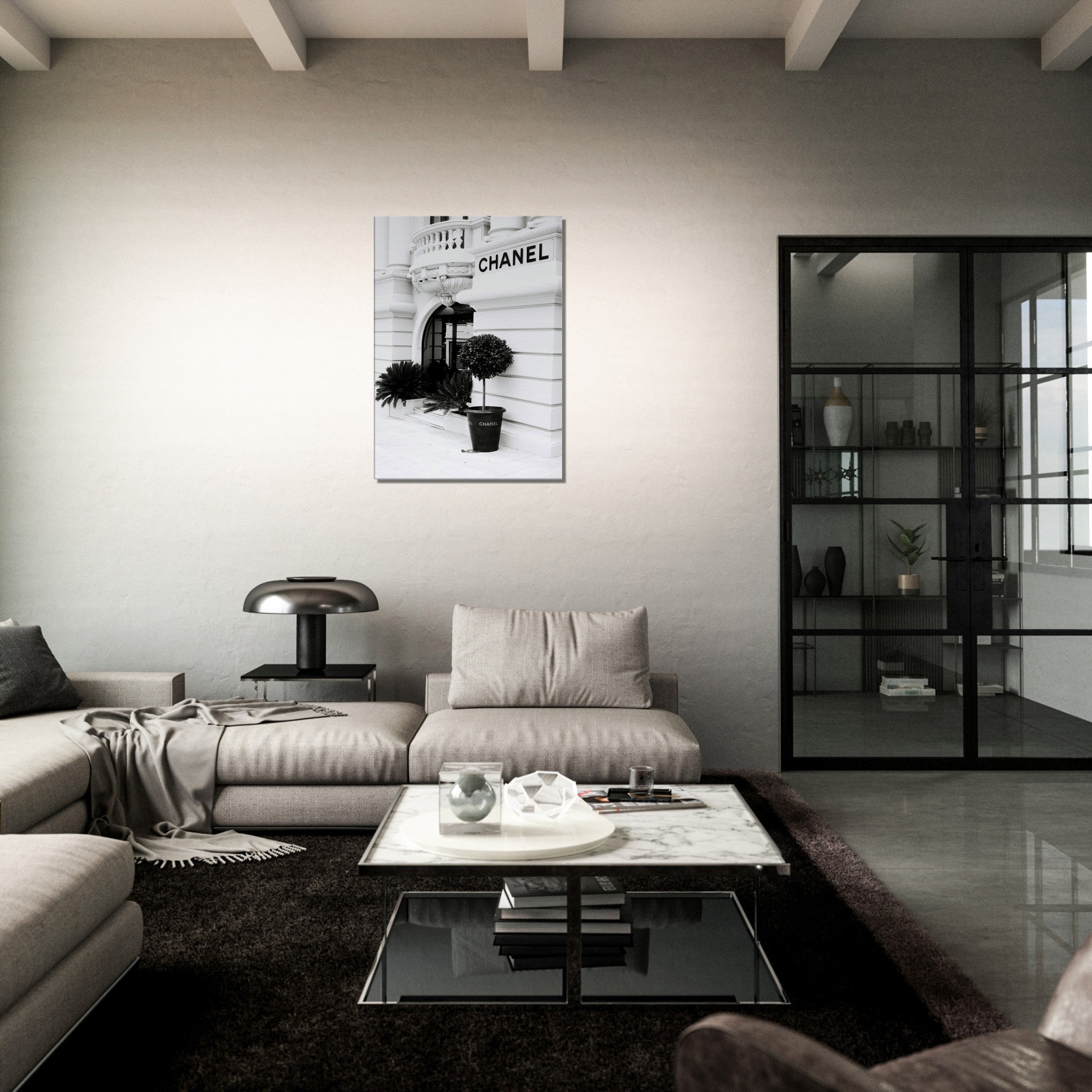 black and white canvas print of a Chanel store in Paris