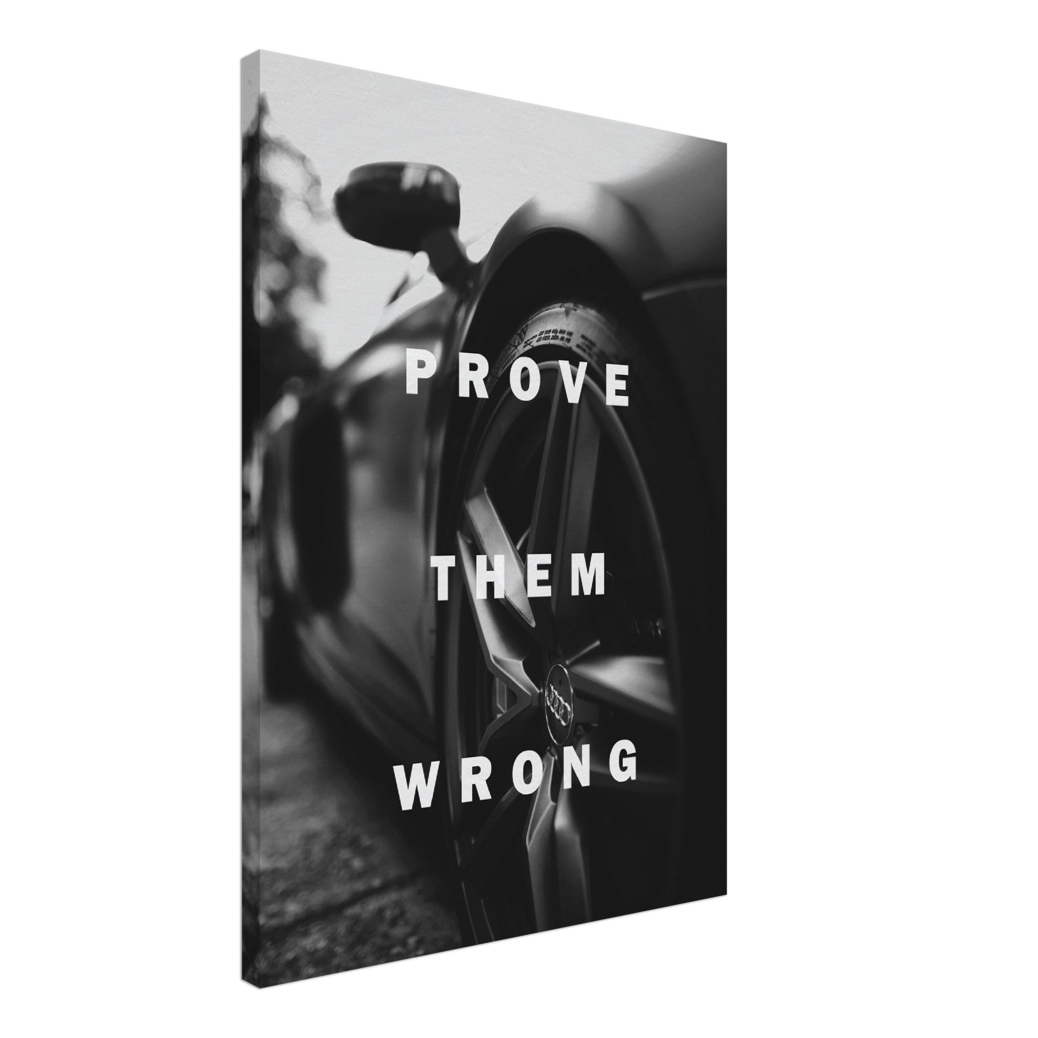 Black and white motivational canvas of a super car with inspirational text