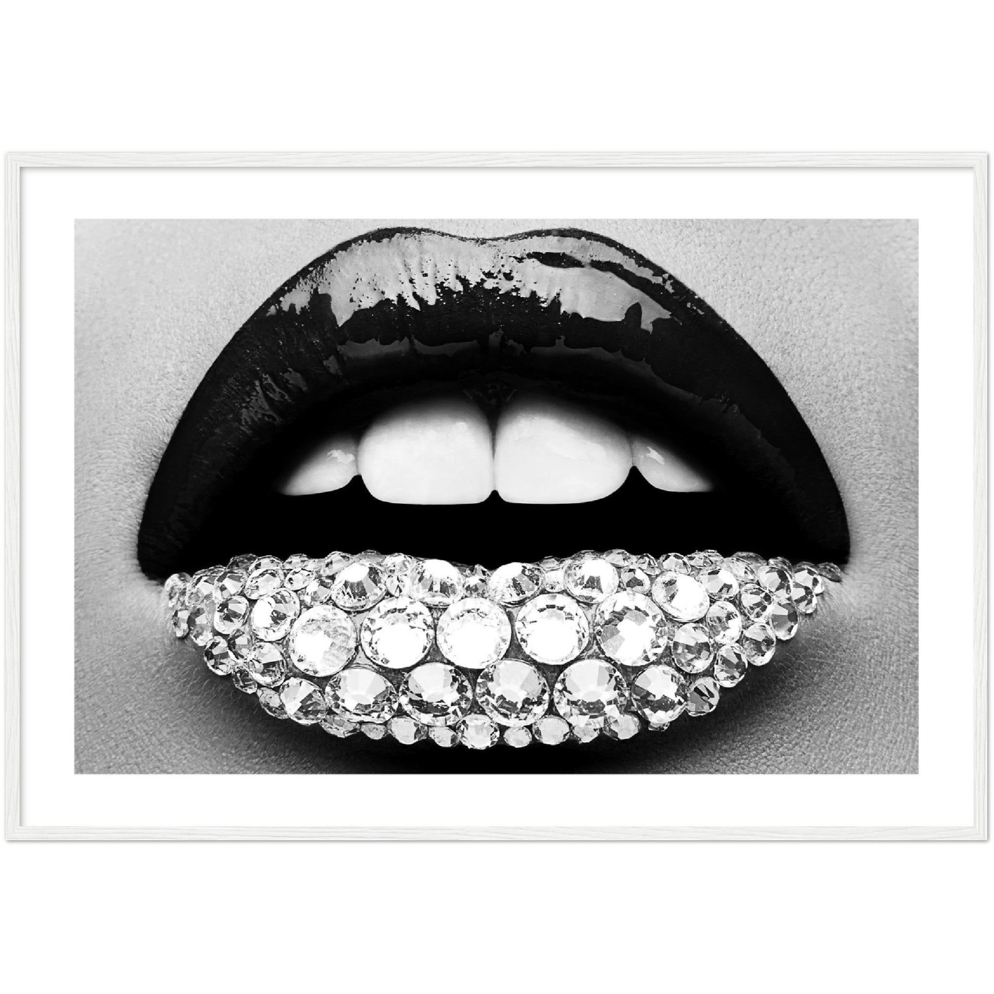 black and white poster of lips covered in diamonds