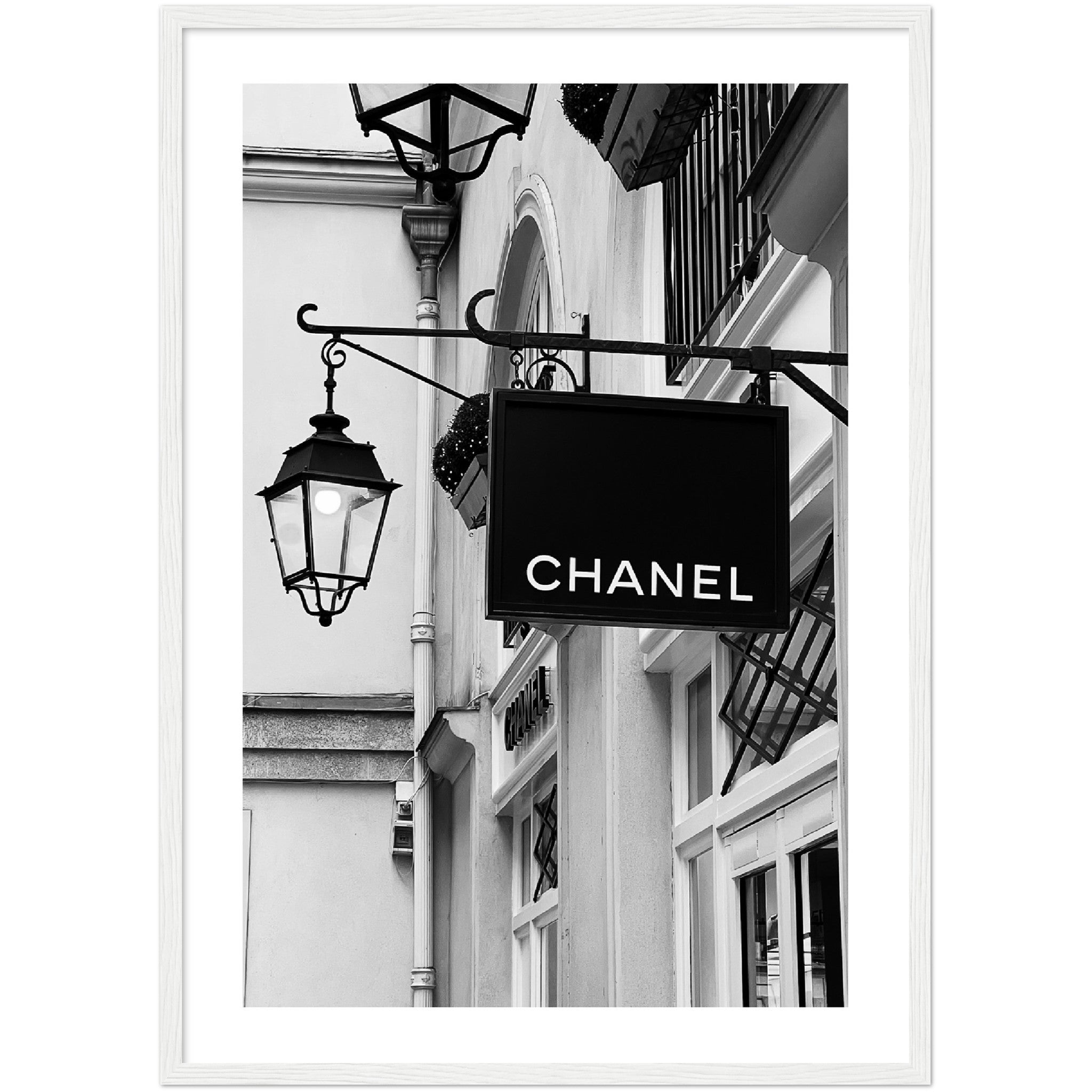 black and white poster of a chanel store front in Pzaris, France