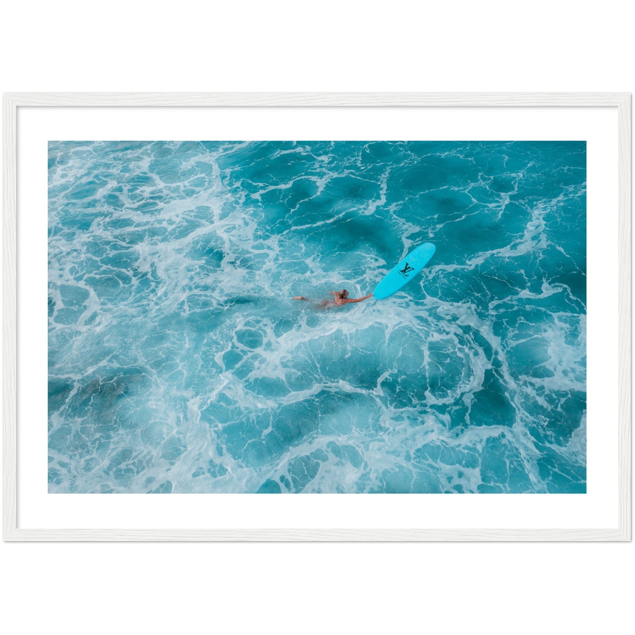 woman swimming with surfboard in clear blue water poster/ wall art