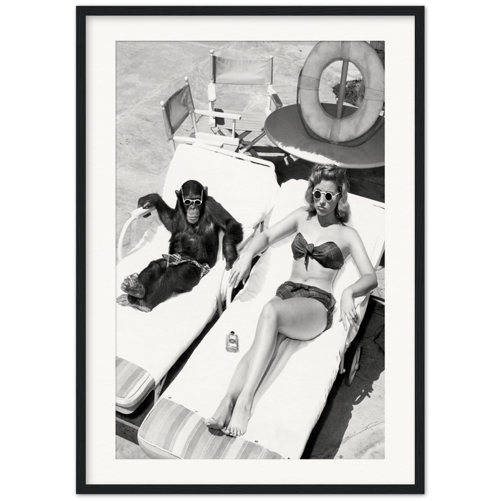 Poster Frau beim Sonnenbaden mit Schimpansen