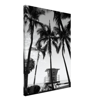 black and whiter canvas print of a chanel lifeguard tower on the beach surrounded by palmtrees