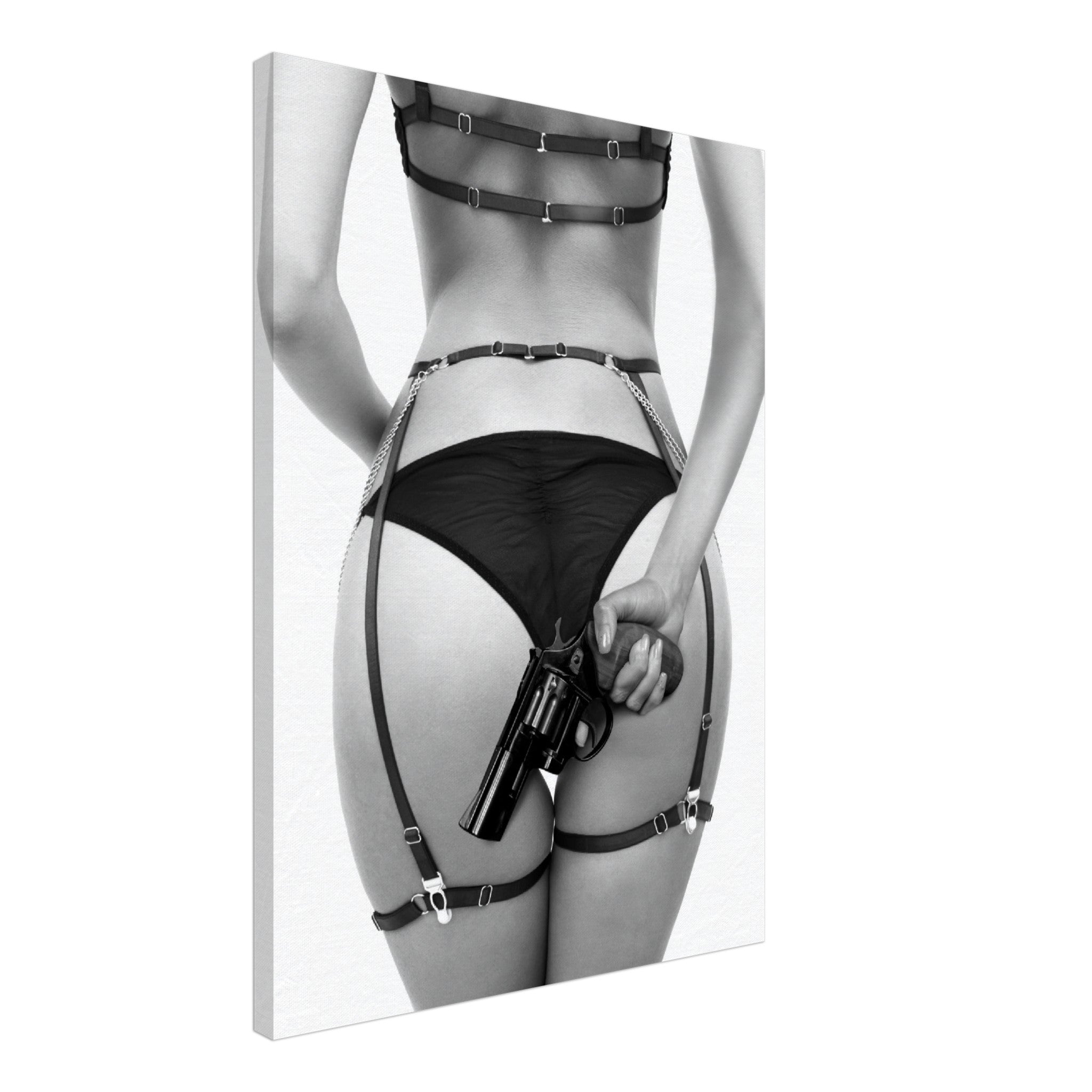 black and white canvas of a woman holding a gun behind her back