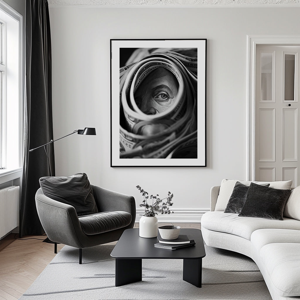 poster of a 100 dollar bill, motivational wall art, black and white print, wall decor home interior design