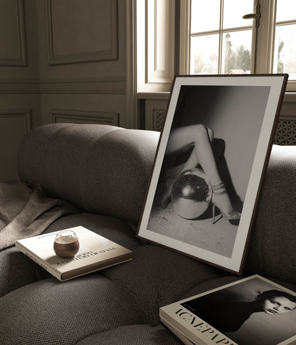 Bring the party home with this glamorous black-and-white fine art print featuring glittering heels and a disco ball. Perfect for bold, stylish interiors.