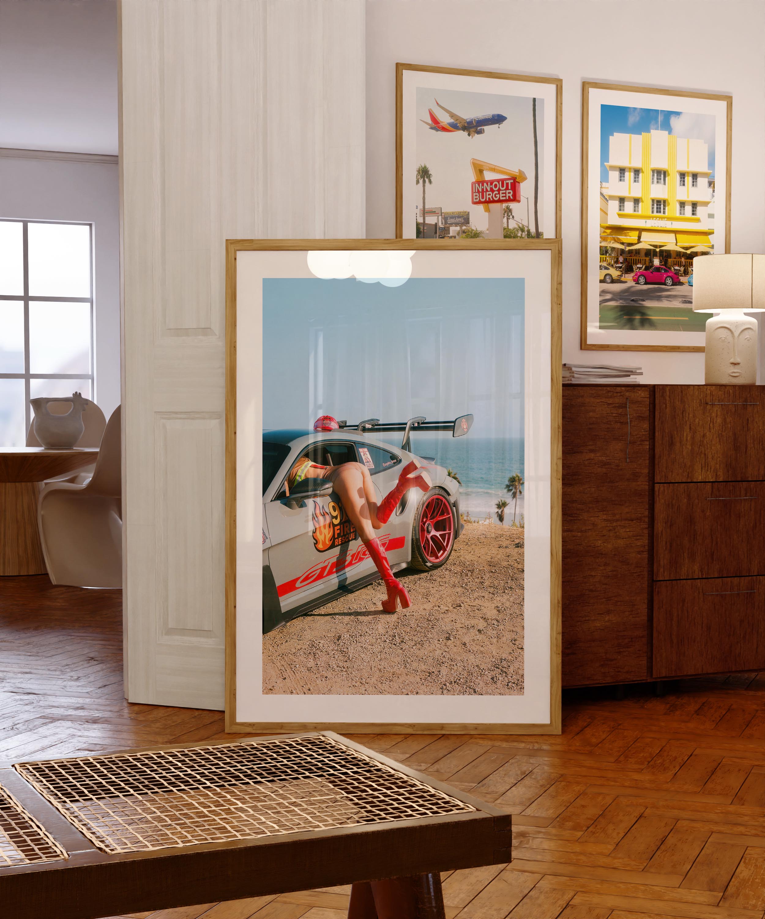 Porsche GT3 RS fire-rescue with red boots by the ocean – bold fine art wall print by Deston Isas for modern interiors.