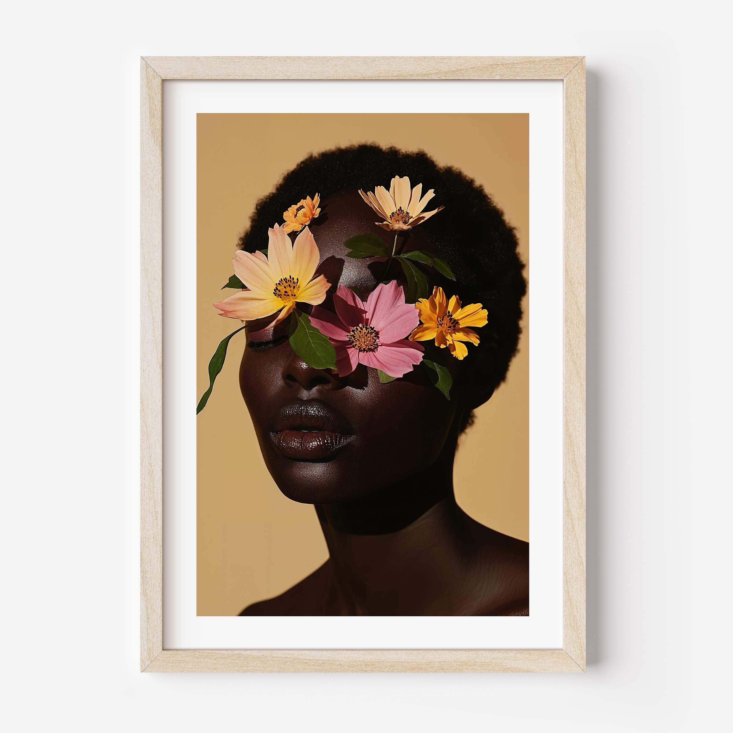 Framed warm-toned portrait wall art of a Black woman with flowers covering her eyes on a beige background, modern melanin-inspired floral print.
