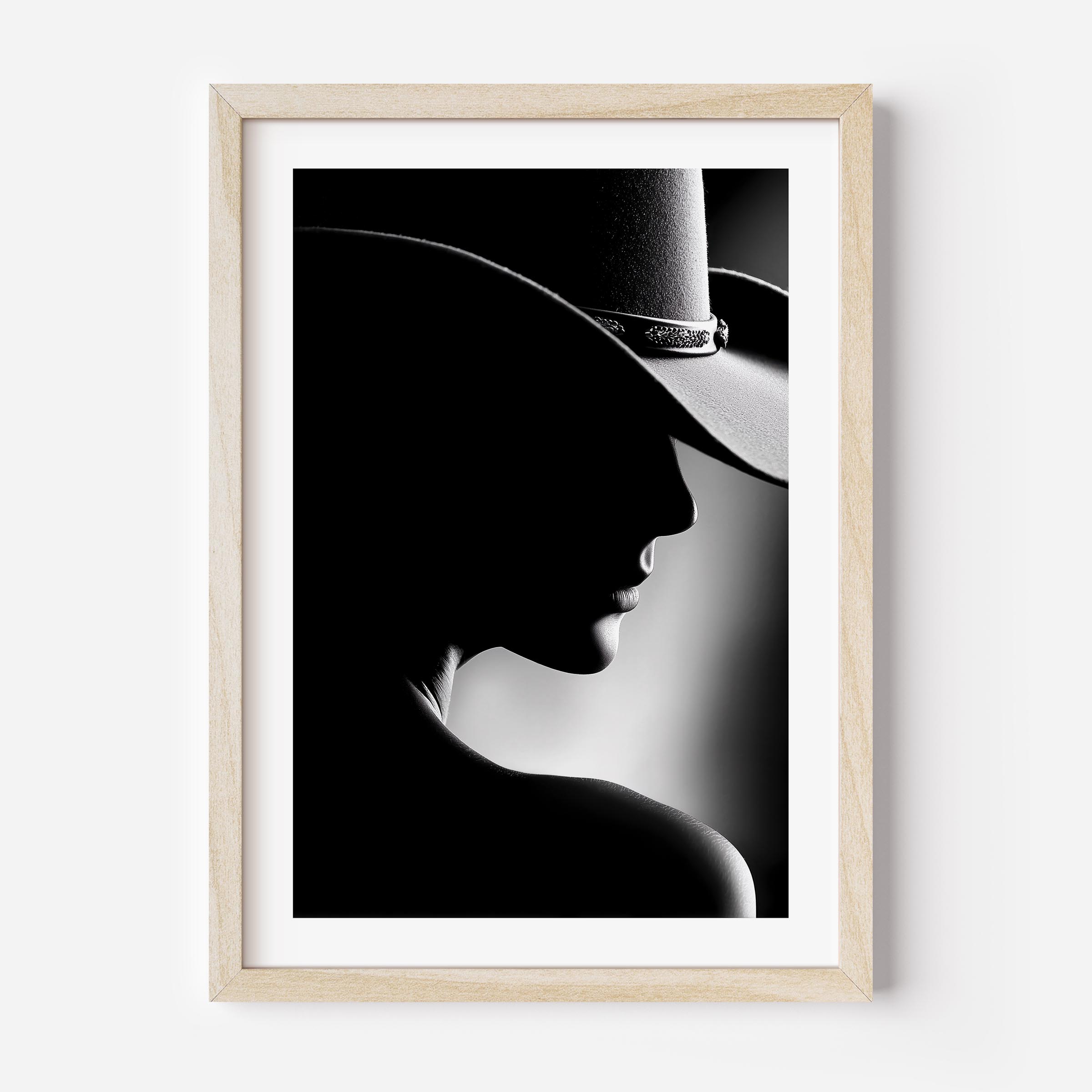 Discover Noir Reverie, a luxurious black-and-white silhouette portrait blending western charm with timeless elegance.