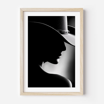Discover Noir Reverie, a luxurious black-and-white silhouette portrait blending western charm with timeless elegance.