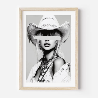 Add edge to your space with painted secrets, a luxury black-and-white cowgirl portrait blending western grit with fashion-forward allure.