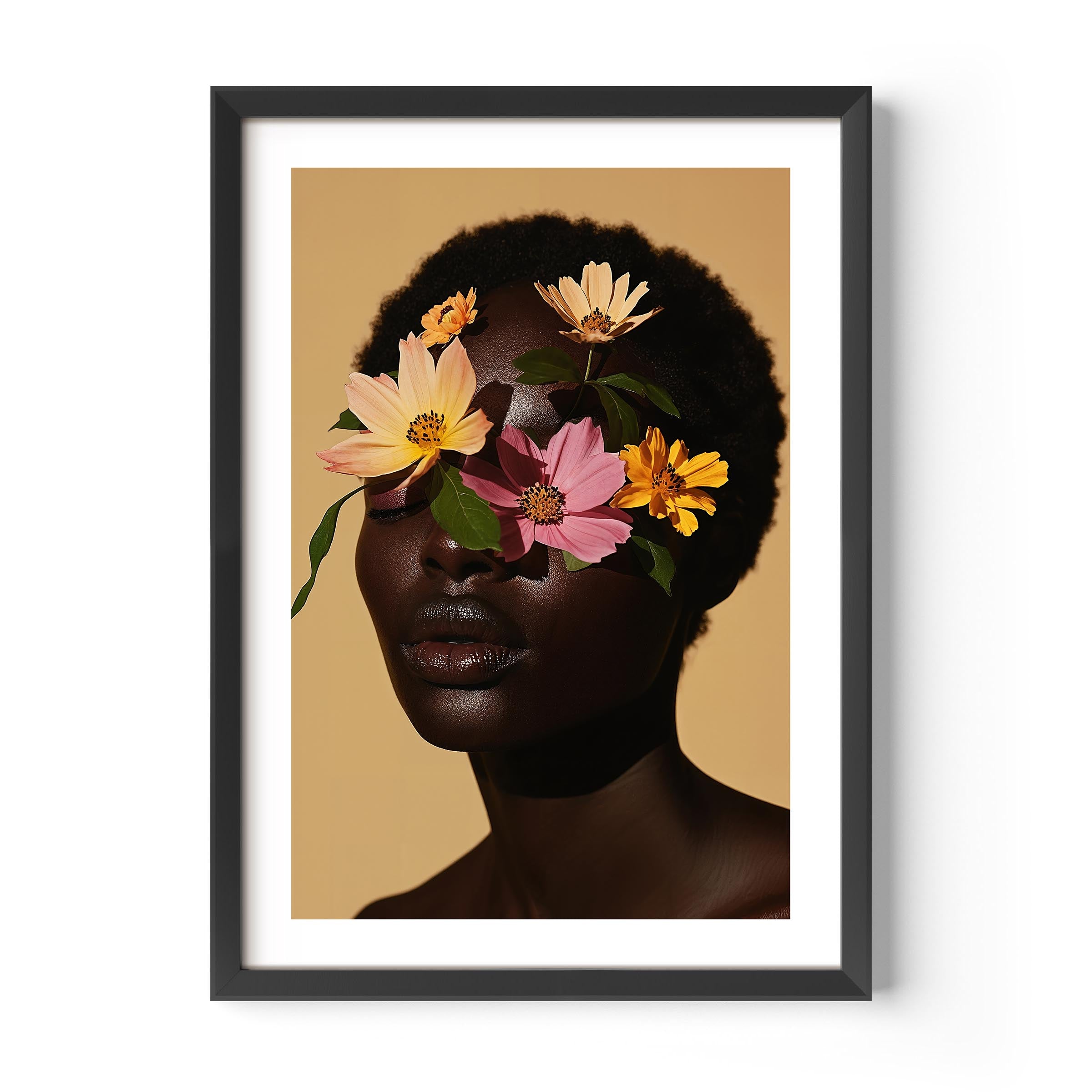 Framed warm-toned portrait wall art of a Black woman with flowers covering her eyes on a beige background, modern melanin-inspired floral print.