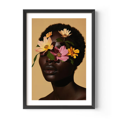 Framed warm-toned portrait wall art of a Black woman with flowers covering her eyes on a beige background, modern melanin-inspired floral print.