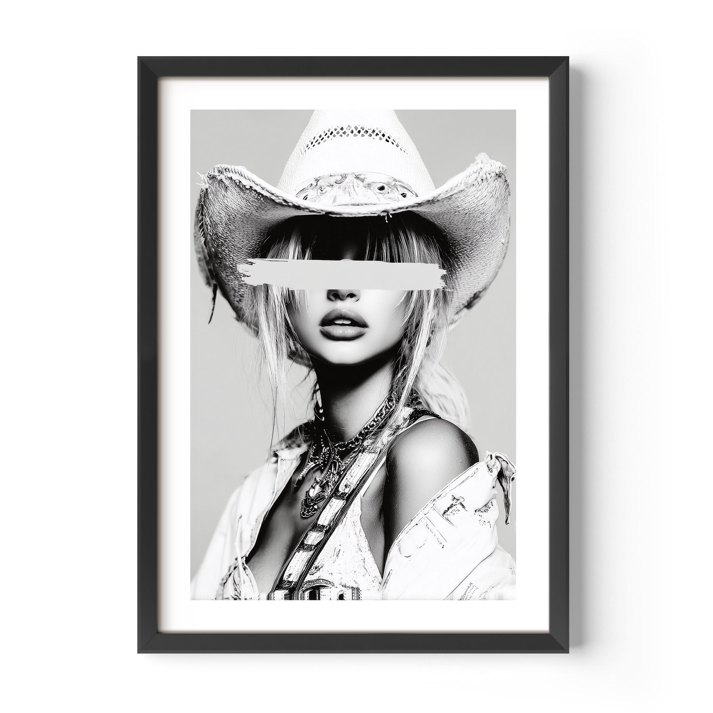 Add edge to your space with painted secrets, a luxury black-and-white cowgirl portrait blending western grit with fashion-forward allure.