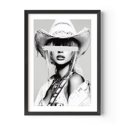 Add edge to your space with painted secrets, a luxury black-and-white cowgirl portrait blending western grit with fashion-forward allure.