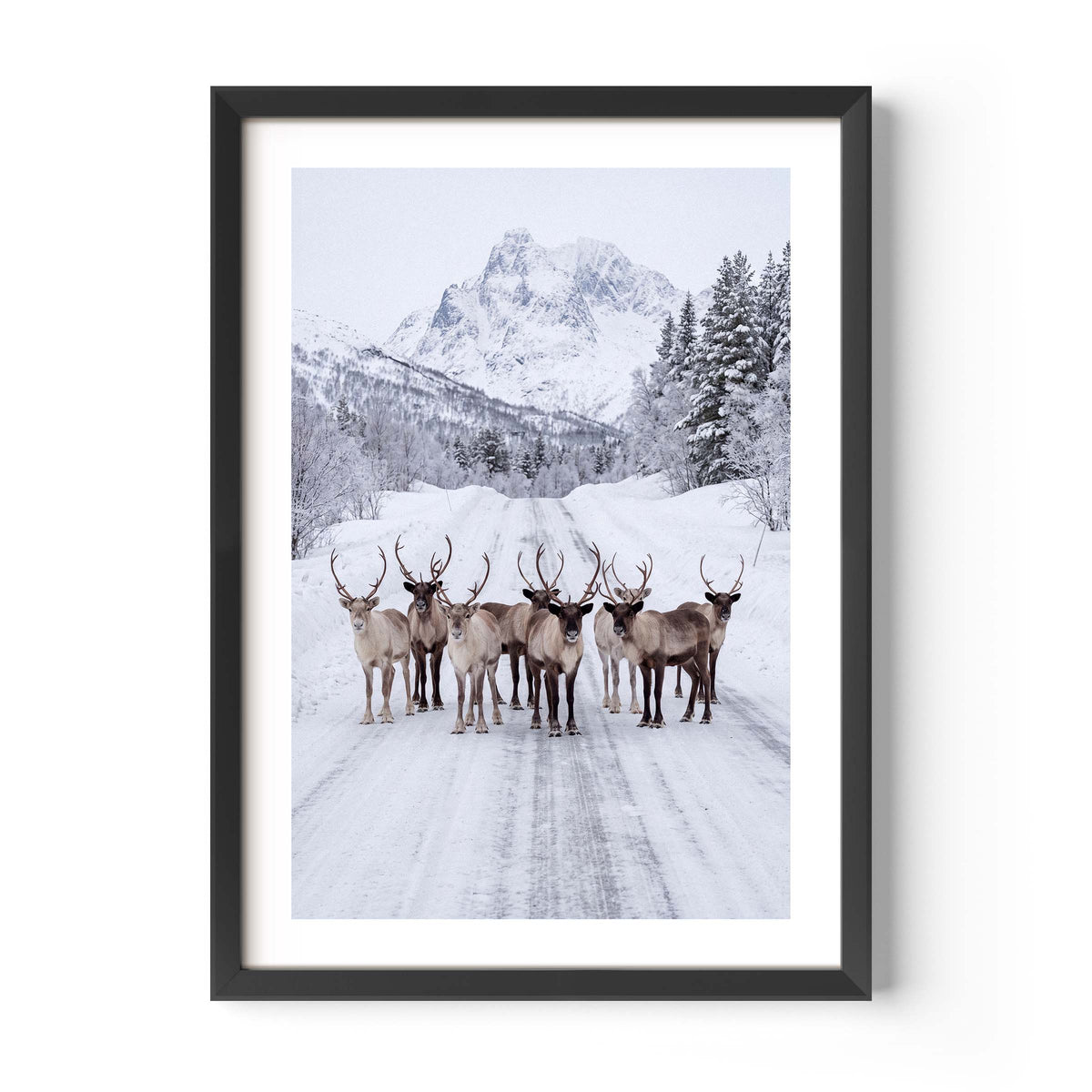 A framed vertical art print featuring a group of reindeer standing on a snow-covered road with snowy mountains and evergreen trees in the background. The print is presented in a black frame with a white mat against a clean white wall.
